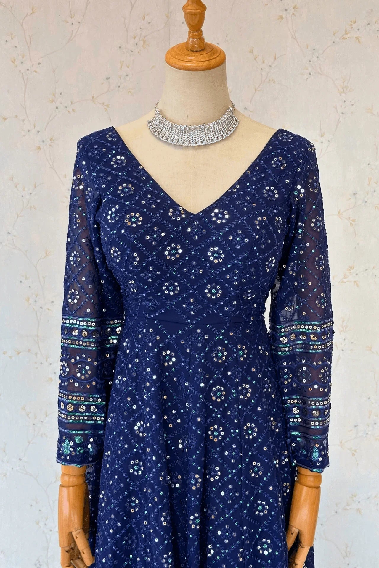 Navyblue Sequence Work Anarkali Kurta Set - Boutique Nepal