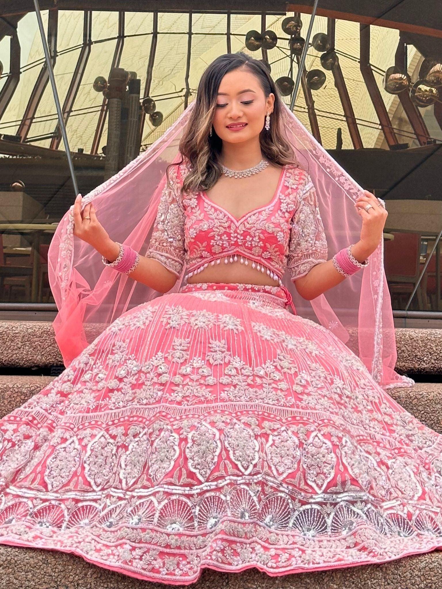 Peach Bridal Lehenga Choli Set- Hand Embroidery - Boutique Nepal