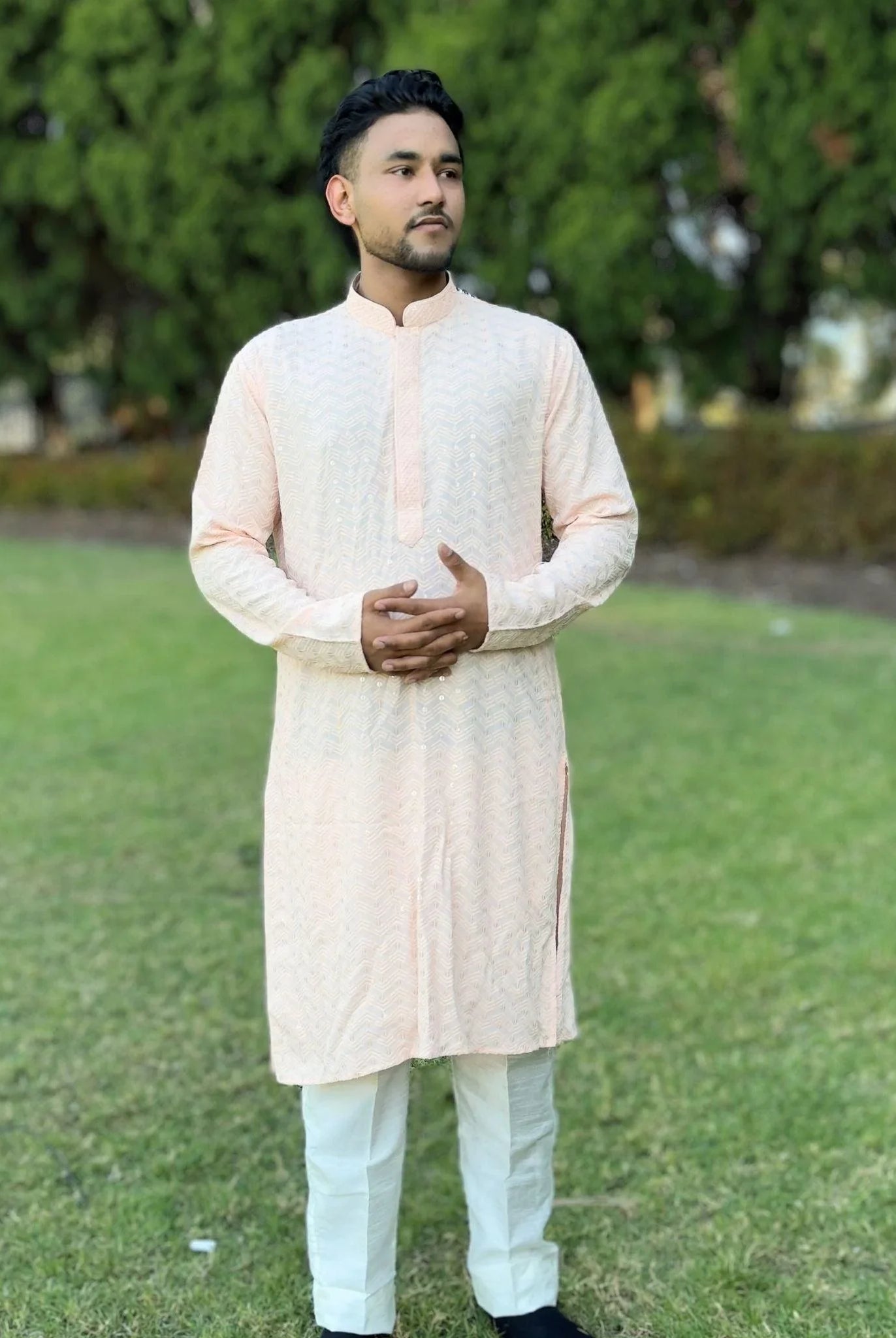 Peach Mens Chikankari Kurta Set - Boutique Nepal