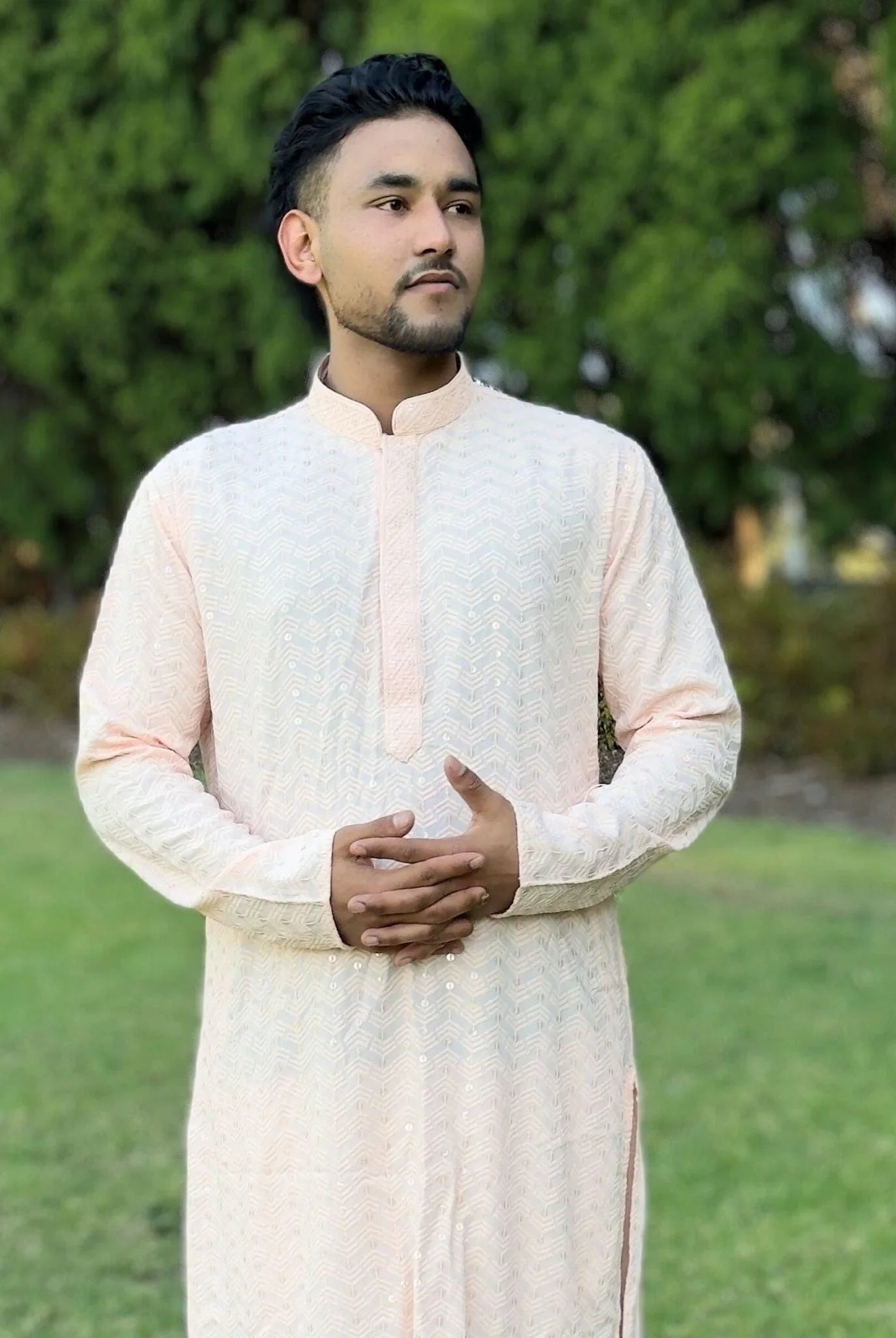 Peach Mens Chikankari Kurta Set - Boutique Nepal