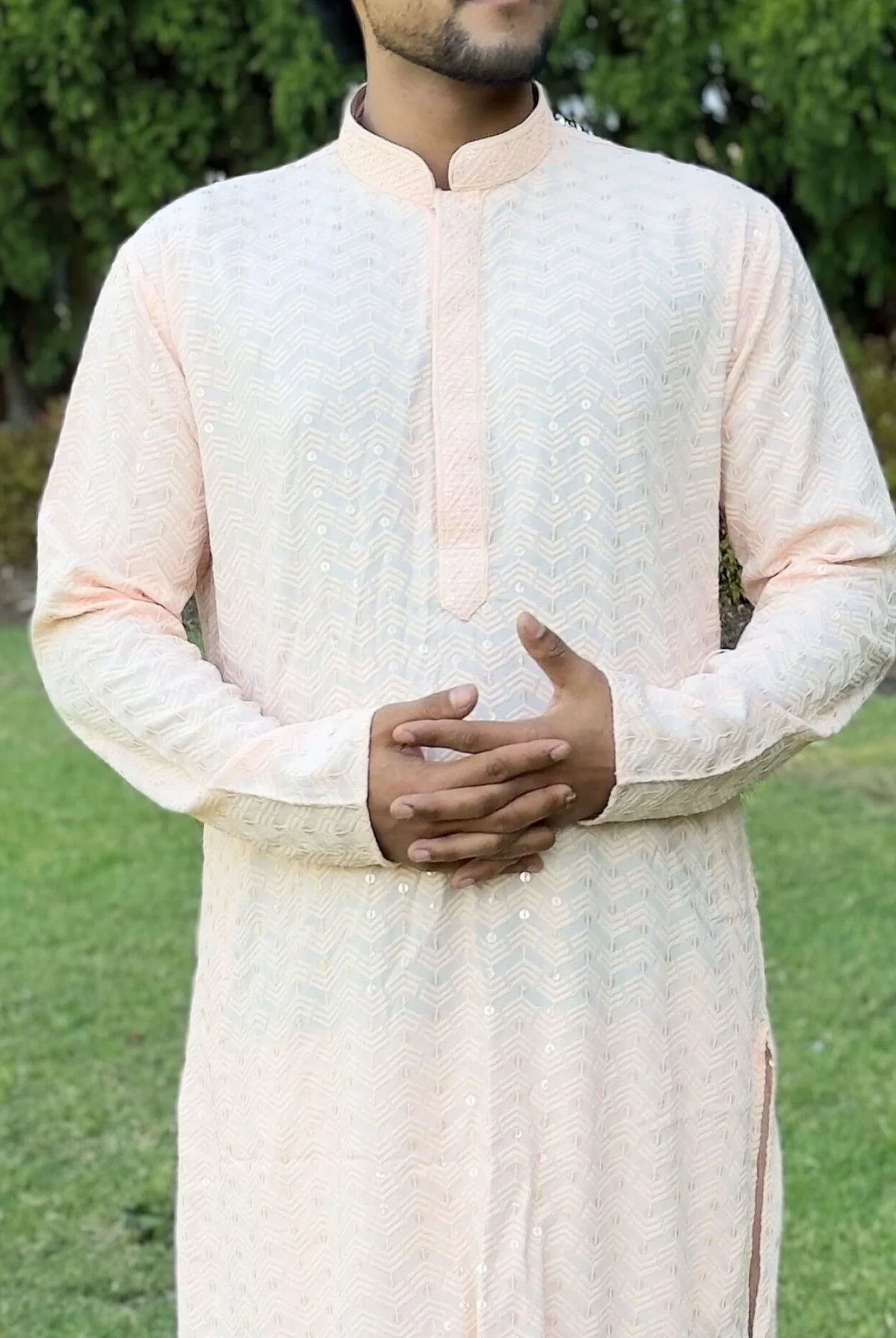 Peach Mens Chikankari Kurta Set - Boutique Nepal