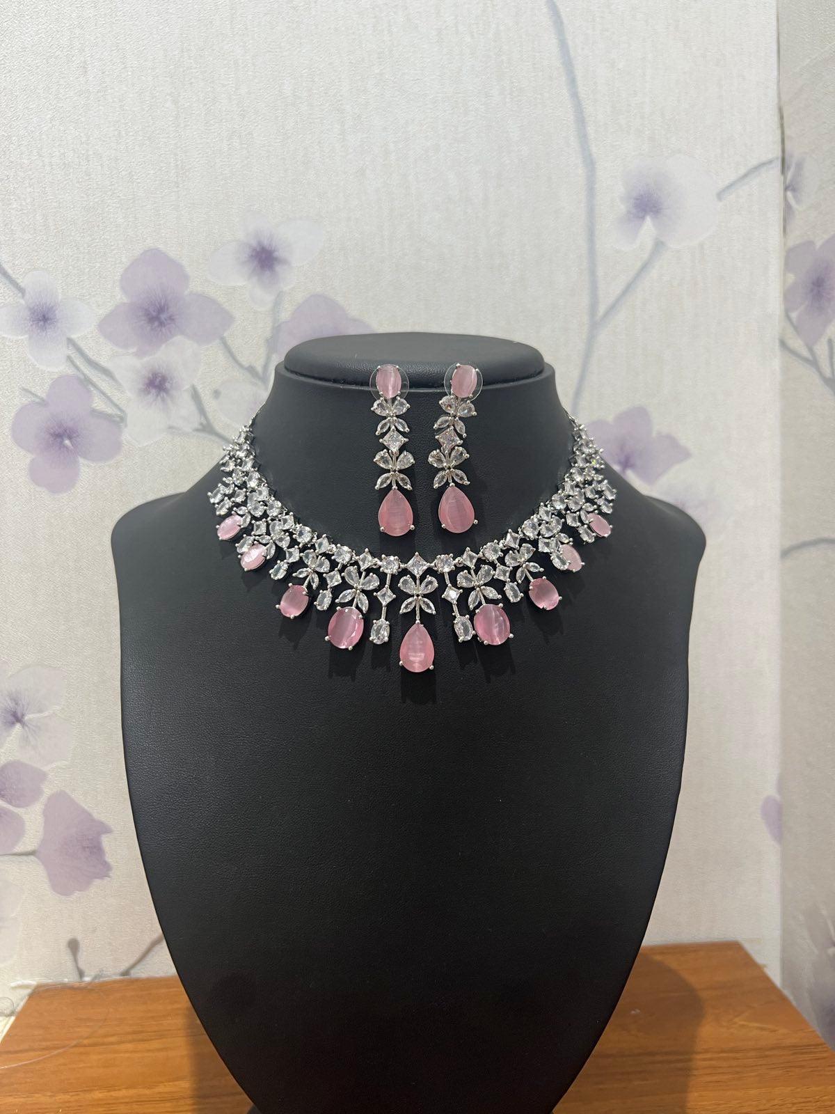Pink American Diamond Necklace Set - Boutique Nepal
