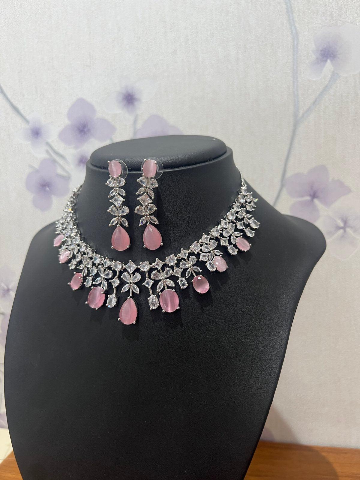 Pink American Diamond Necklace Set - Boutique Nepal