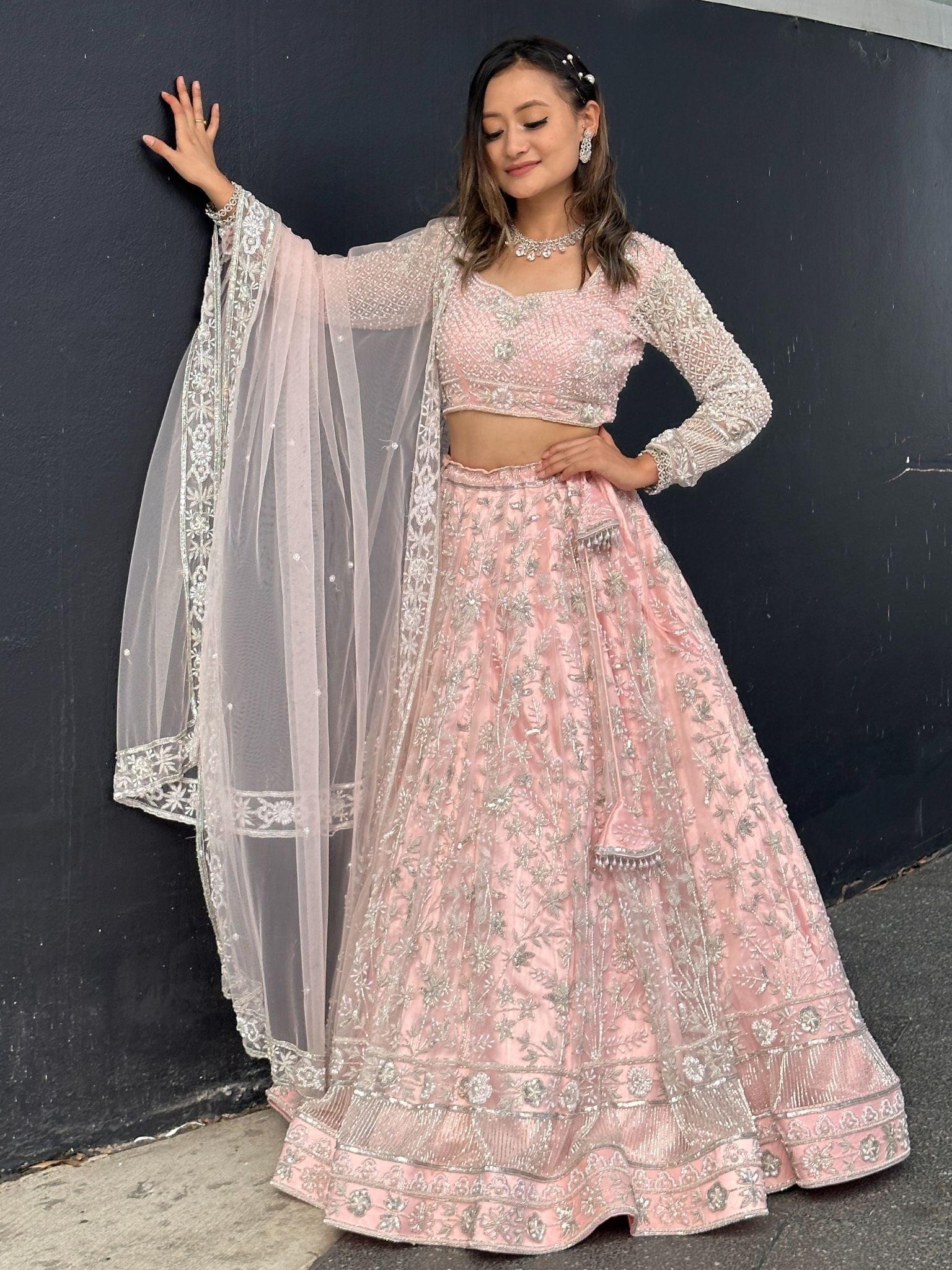 Pink Rhinestone and Sitara Embroidered Bridal Lehenga Choli Set - Boutique Nepal