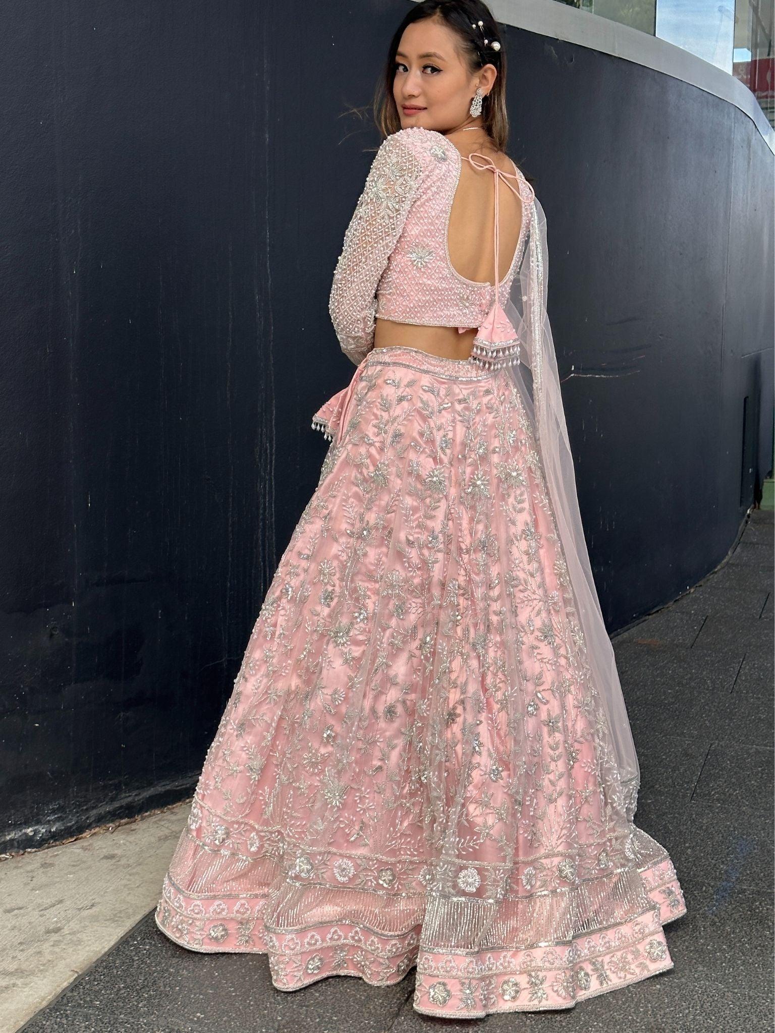 Pink Rhinestone and Sitara Embroidered Bridal Lehenga Choli Set - Boutique Nepal
