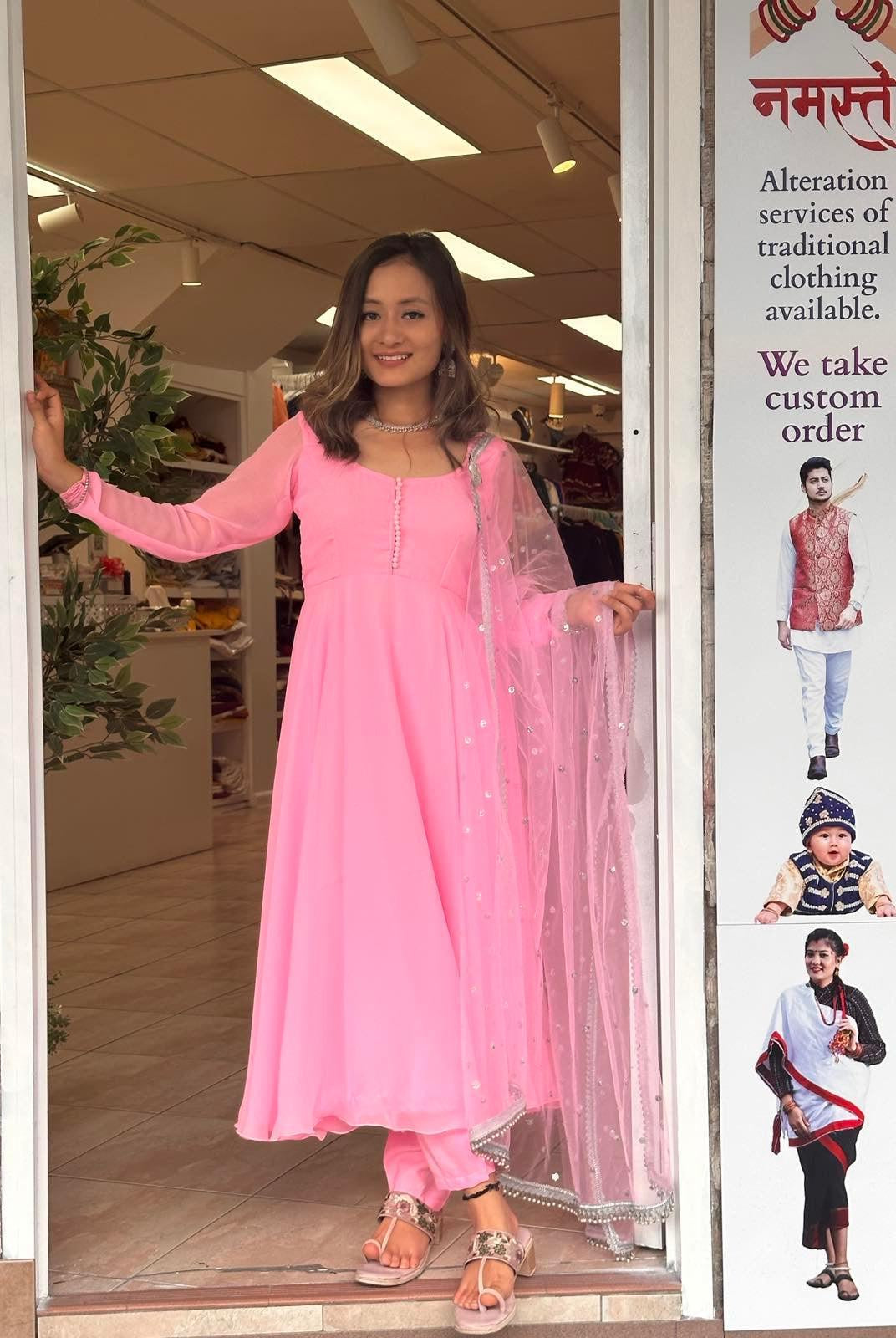 Plain Baby Pink Anarkali Kurta Set - Boutique Nepal