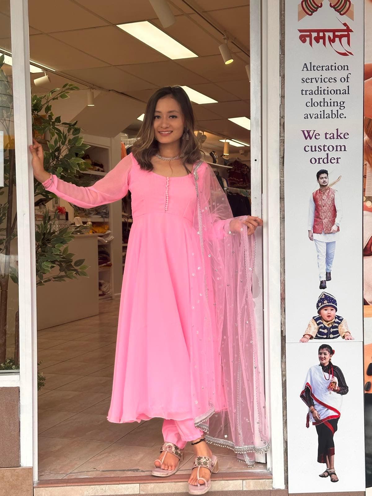 Plain Baby Pink Anarkali Kurta Set - Boutique Nepal