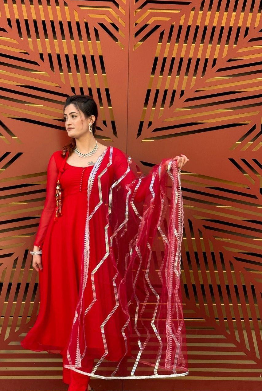 Plain Red Anarkali Kurta Set - Boutique Nepal