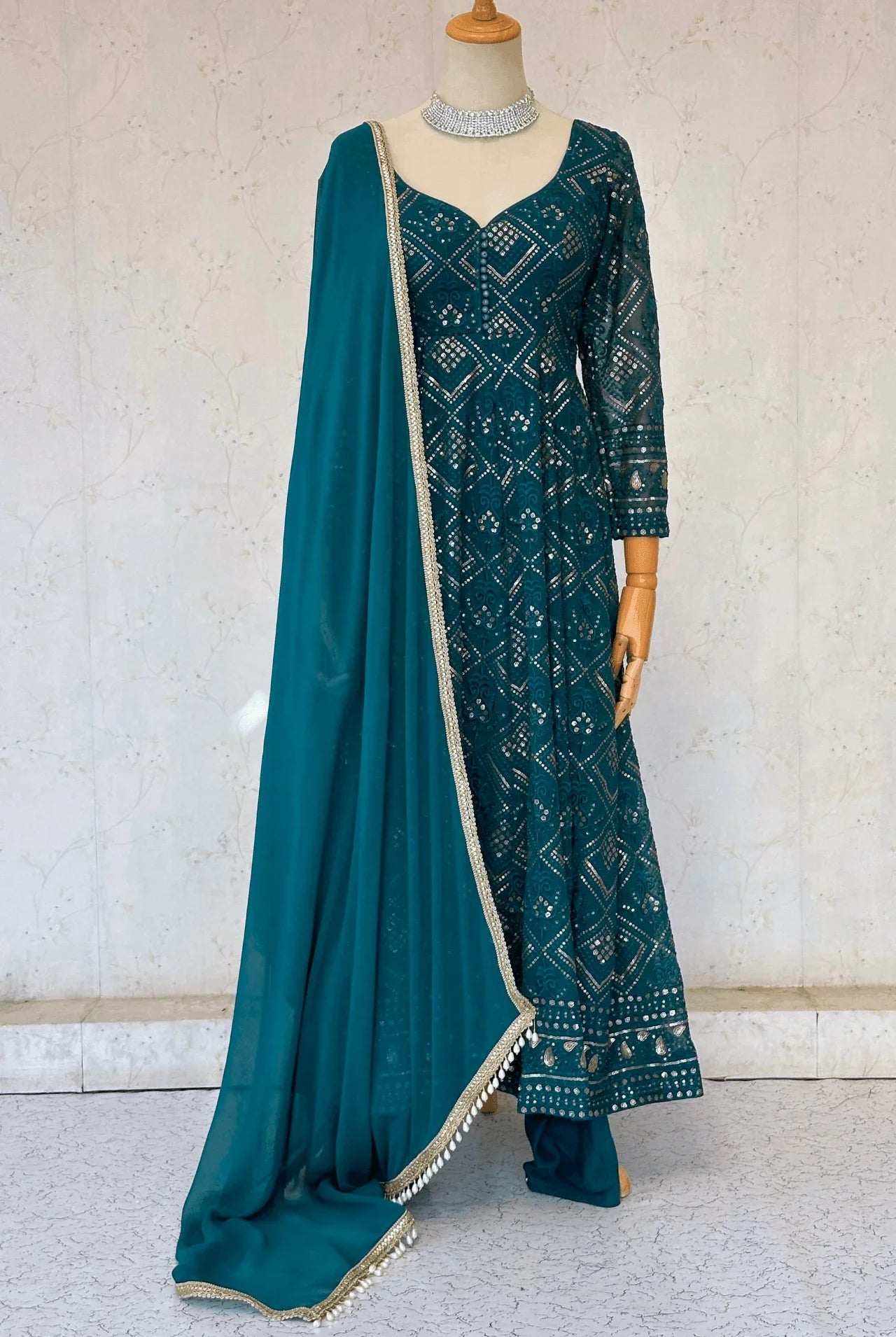 Rama Green Gold Embellished Anarkali Set - Boutique Nepal