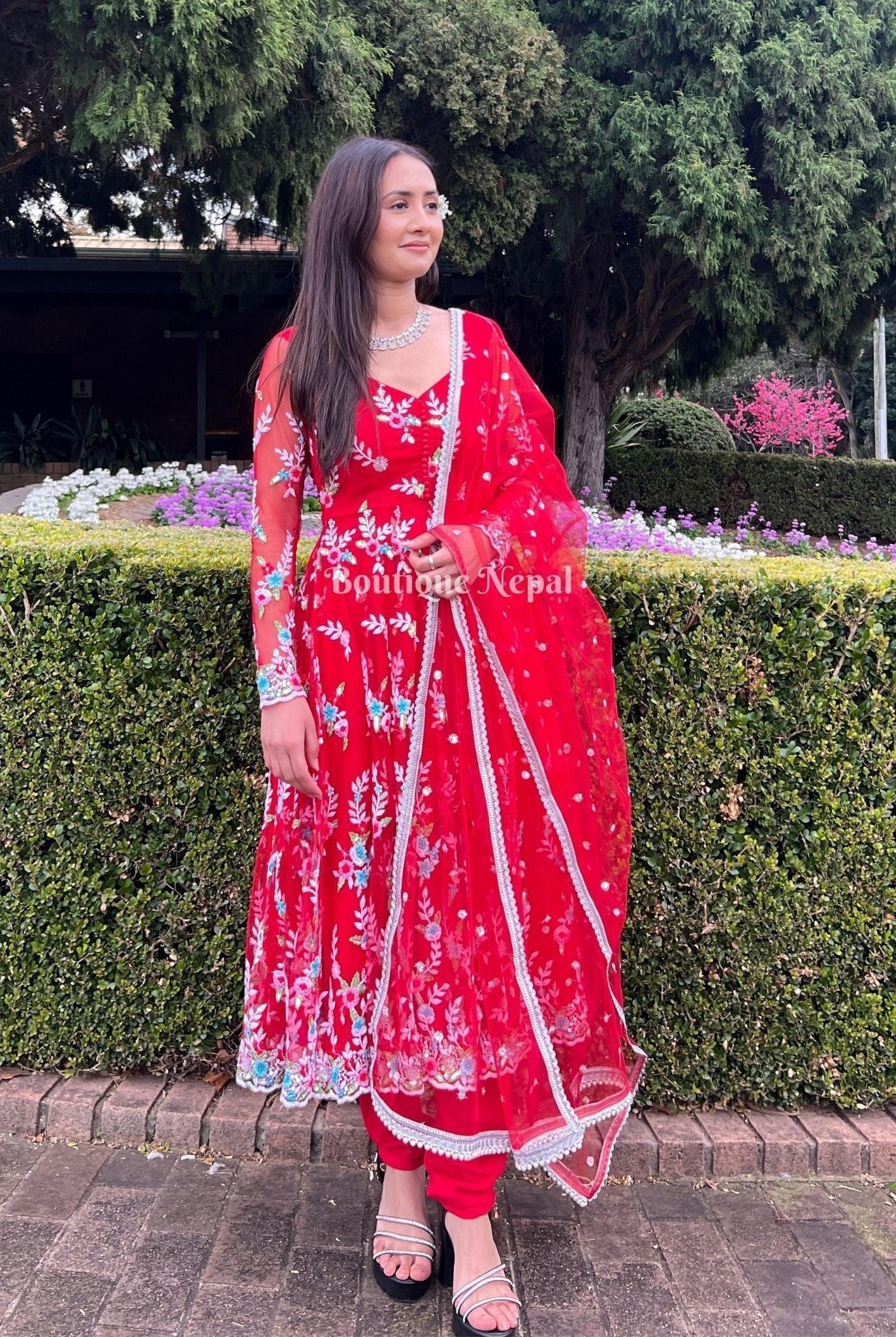 Red Anarkali Kurta Set - Boutique Nepal