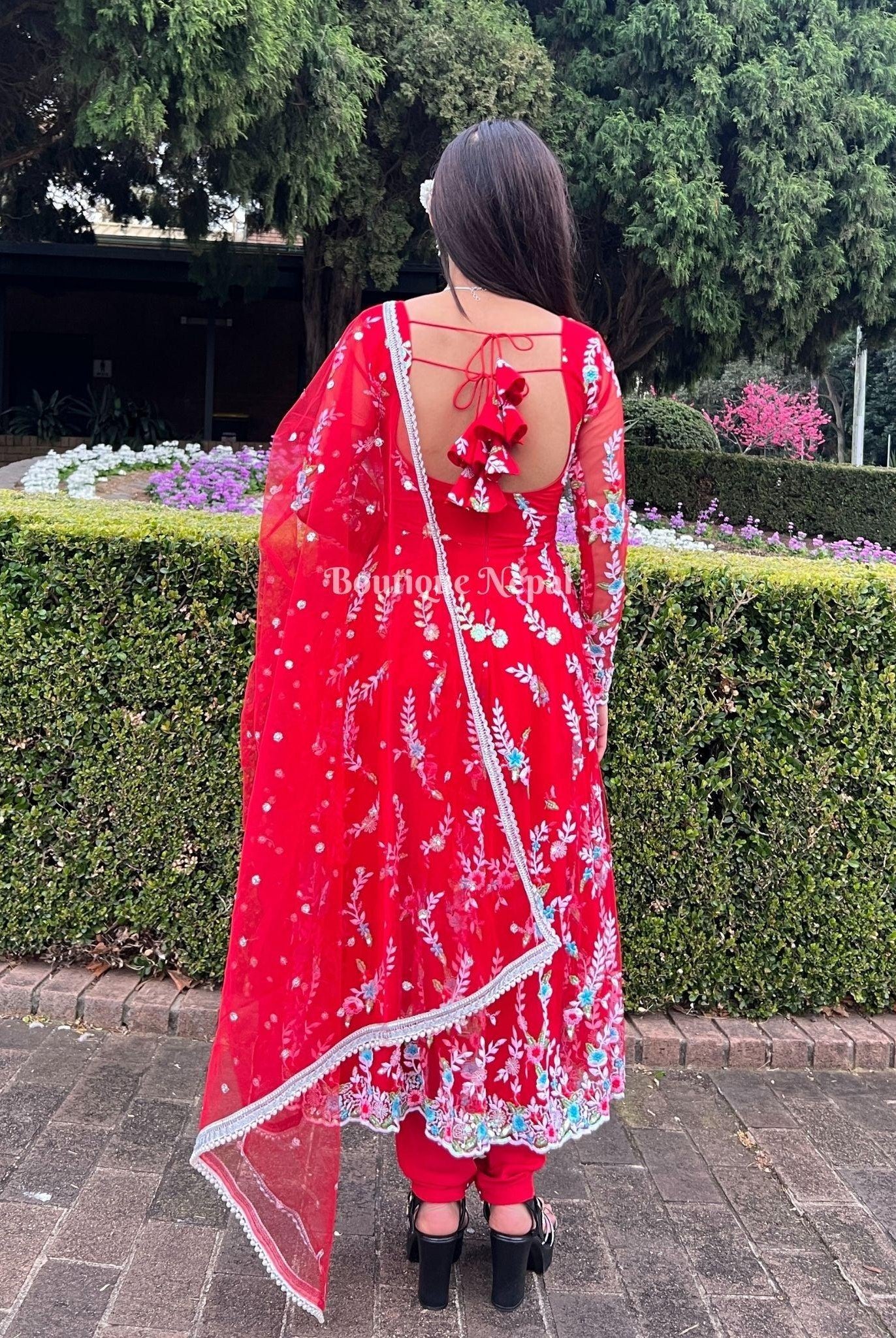 Red Anarkali Kurta Set - Boutique Nepal