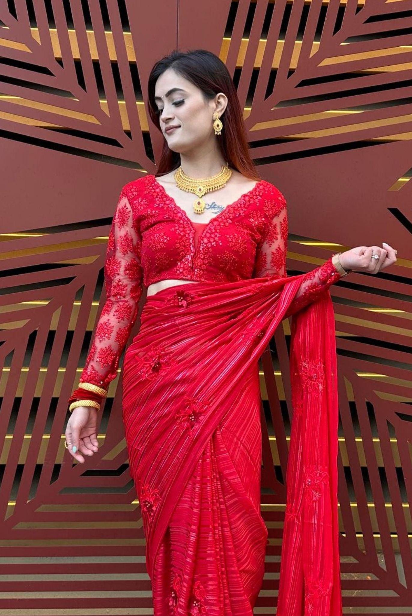 Red Embroidery Blouse Full Sleeves - Boutique Nepal