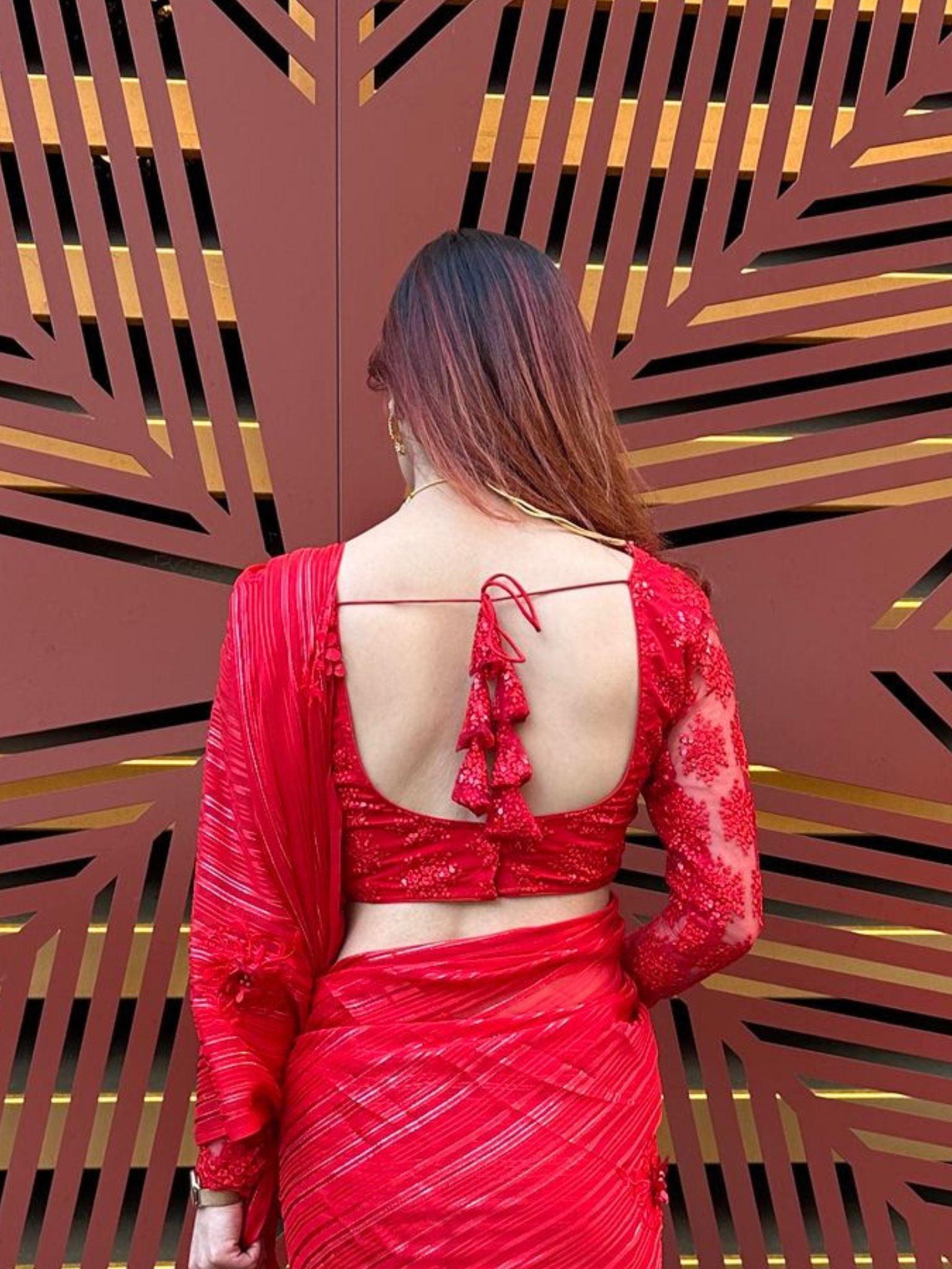 Red Embroidery Blouse Full Sleeves - Boutique Nepal