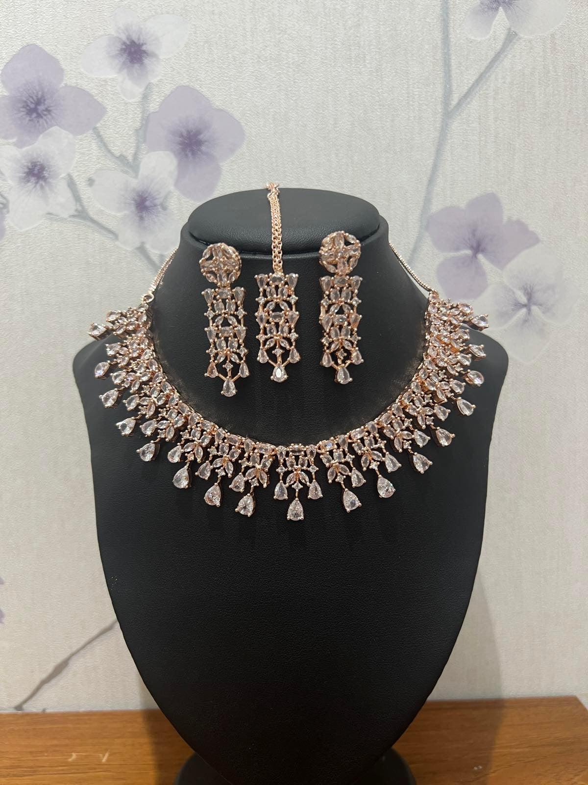 Rose Gold American Diamond Necklace Set with Bindi - Boutique Nepal
