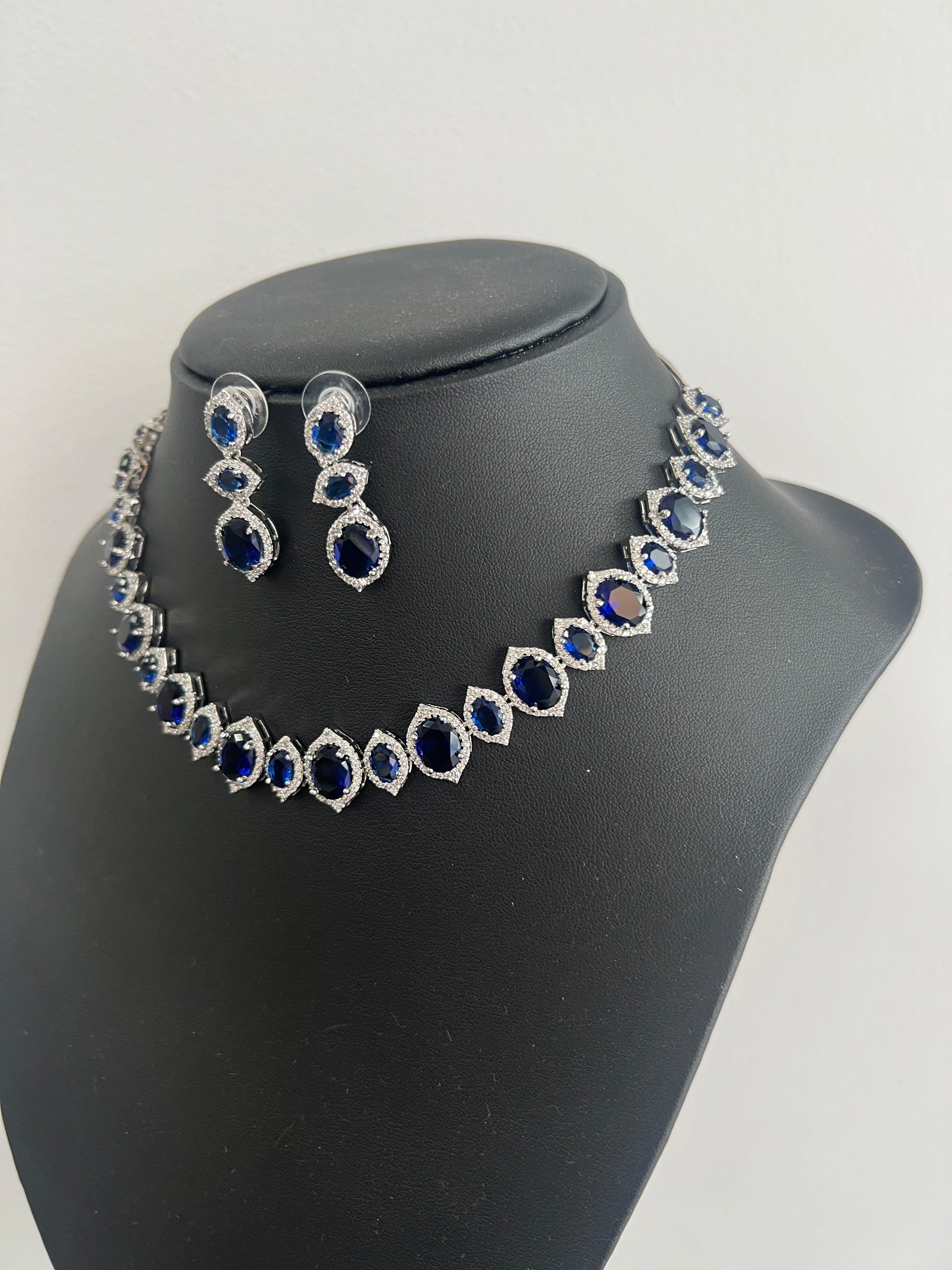 Royal Blue American Diamond Necklace Set - Boutique Nepal Australia