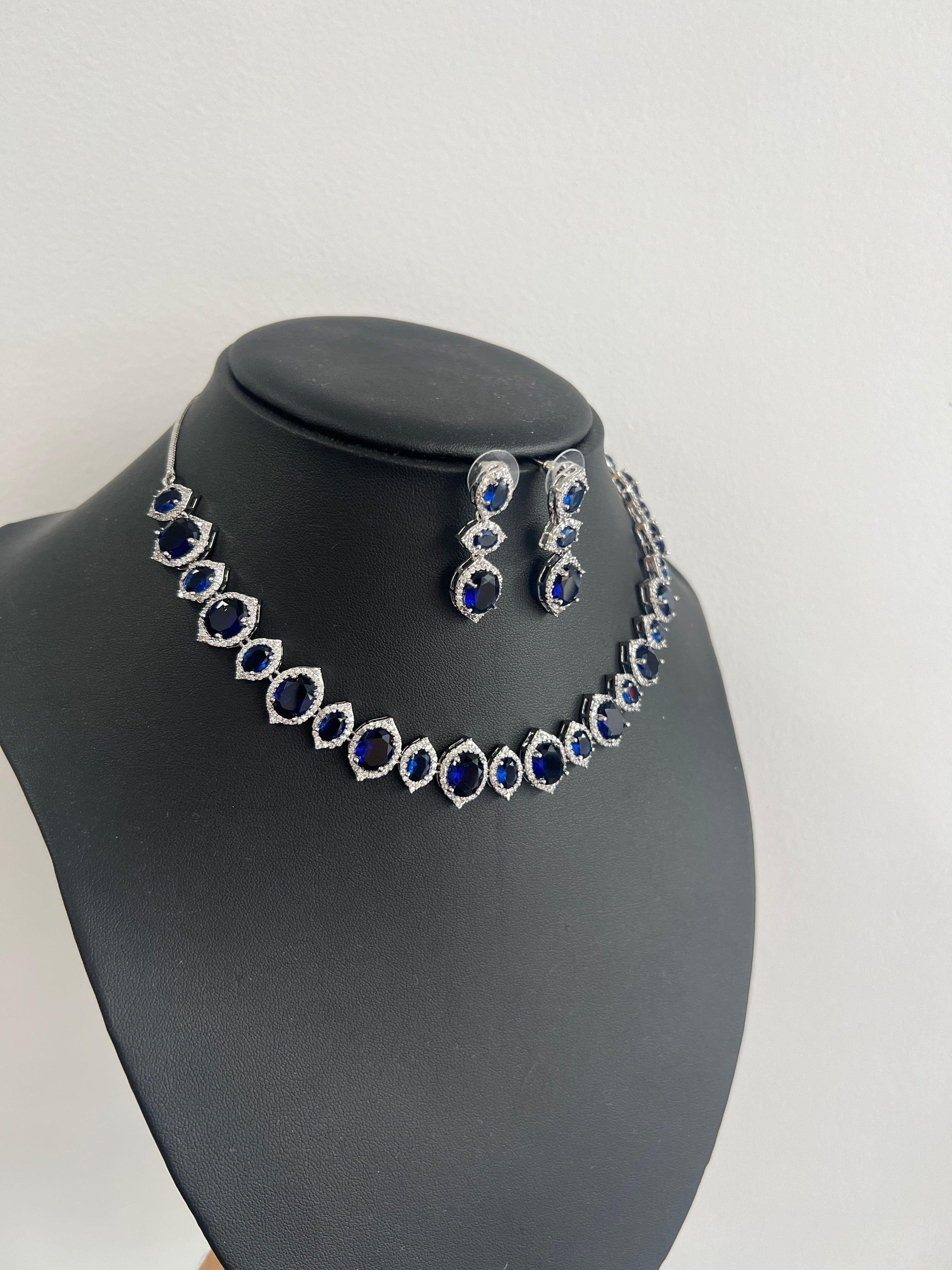 Royal Blue American Diamond Necklace Set - Boutique Nepal Australia