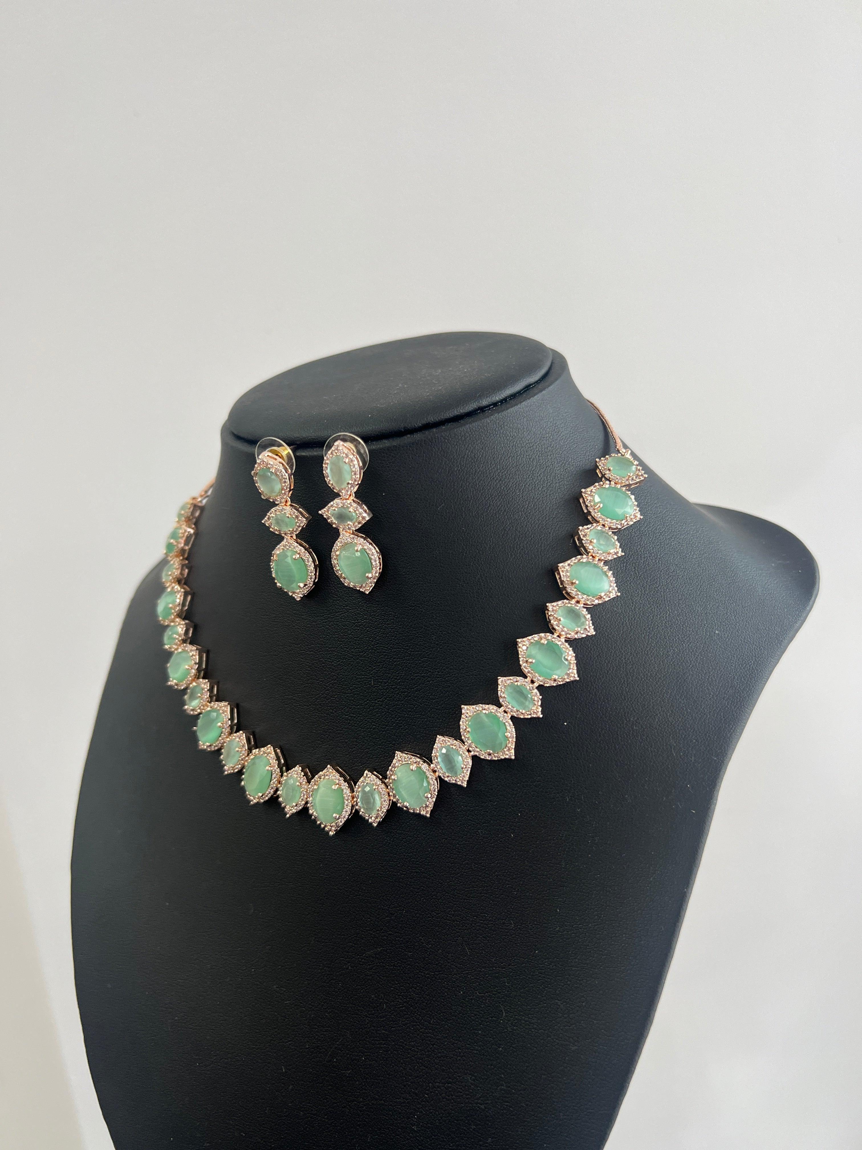 Sea Green - Gold American Diamond Necklace Set - Boutique Nepal Australia