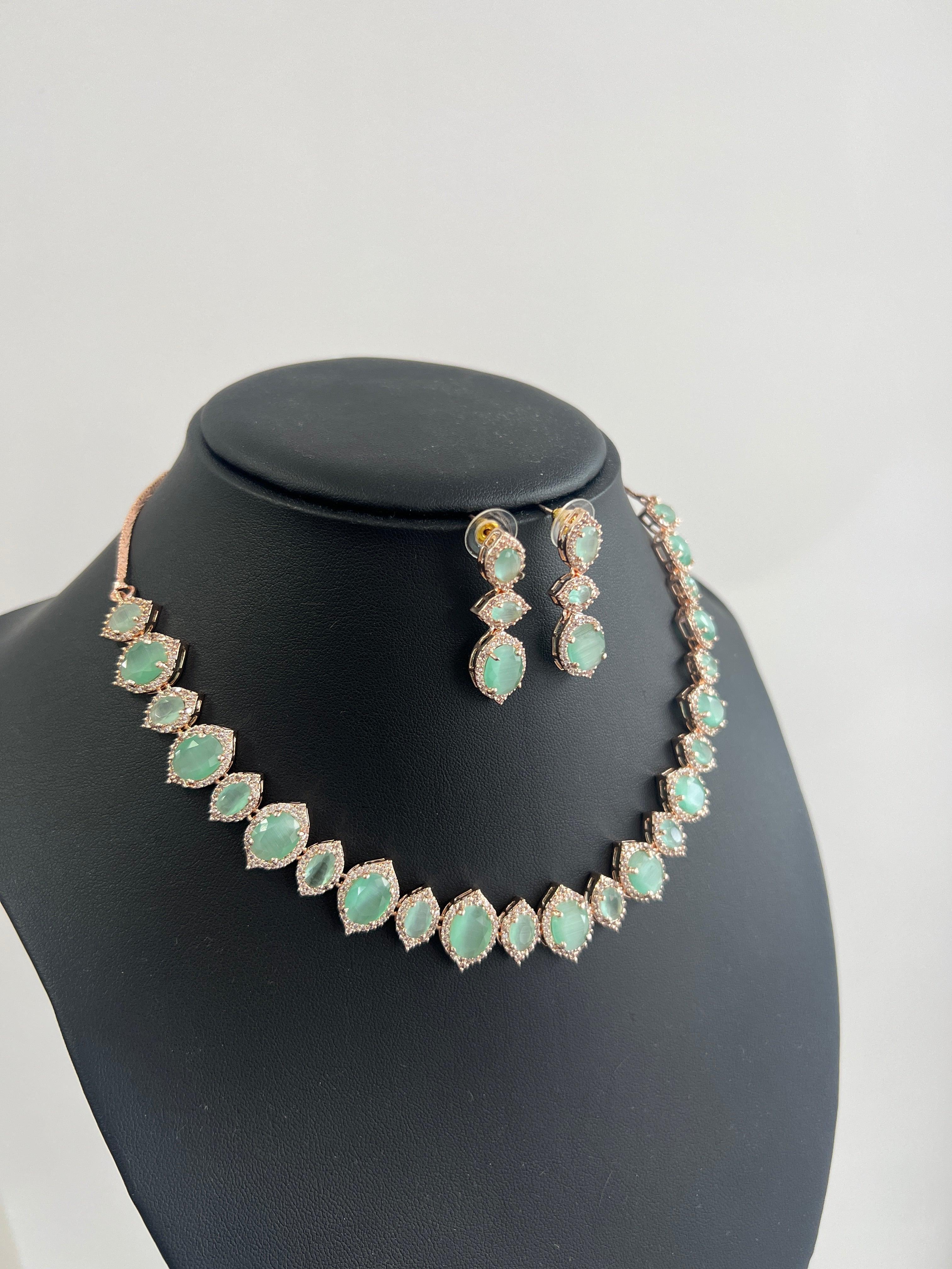 Sea Green - Gold American Diamond Necklace Set - Boutique Nepal Australia