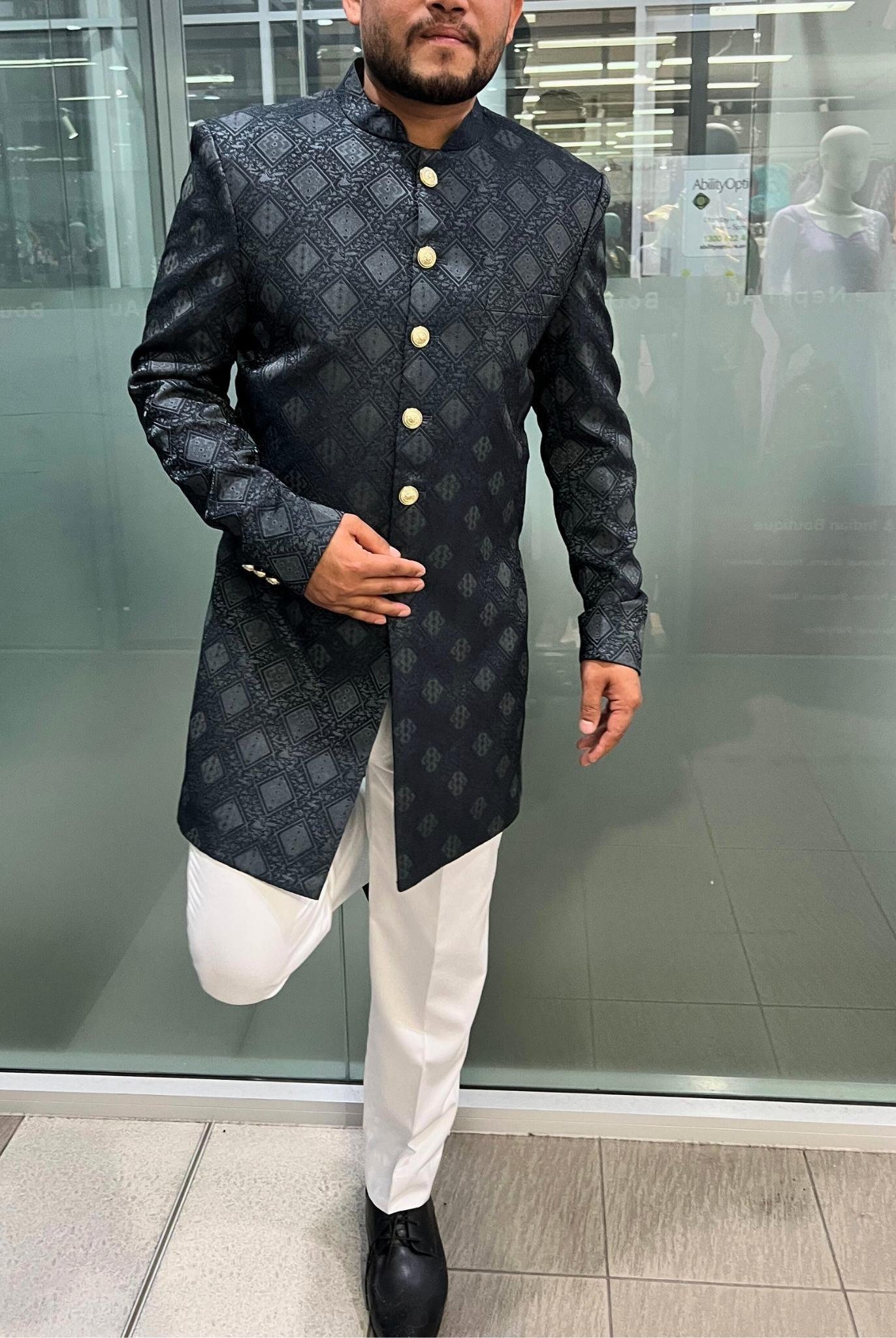 Sherwani And Pants Set In Black - Boutique Nepal