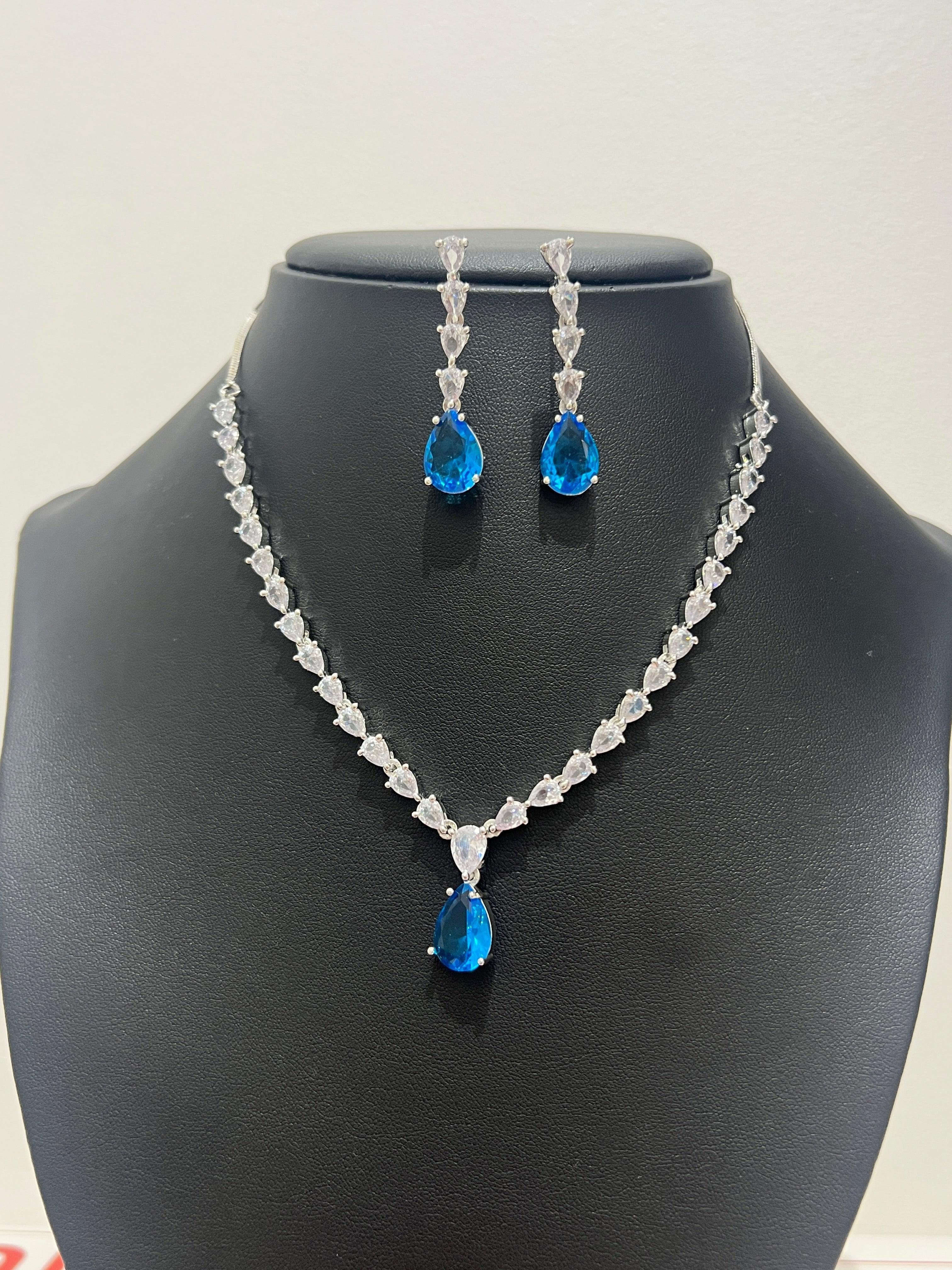 Simple Light American Diamond Necklace and Jumki Blue - Boutique Nepal Australia