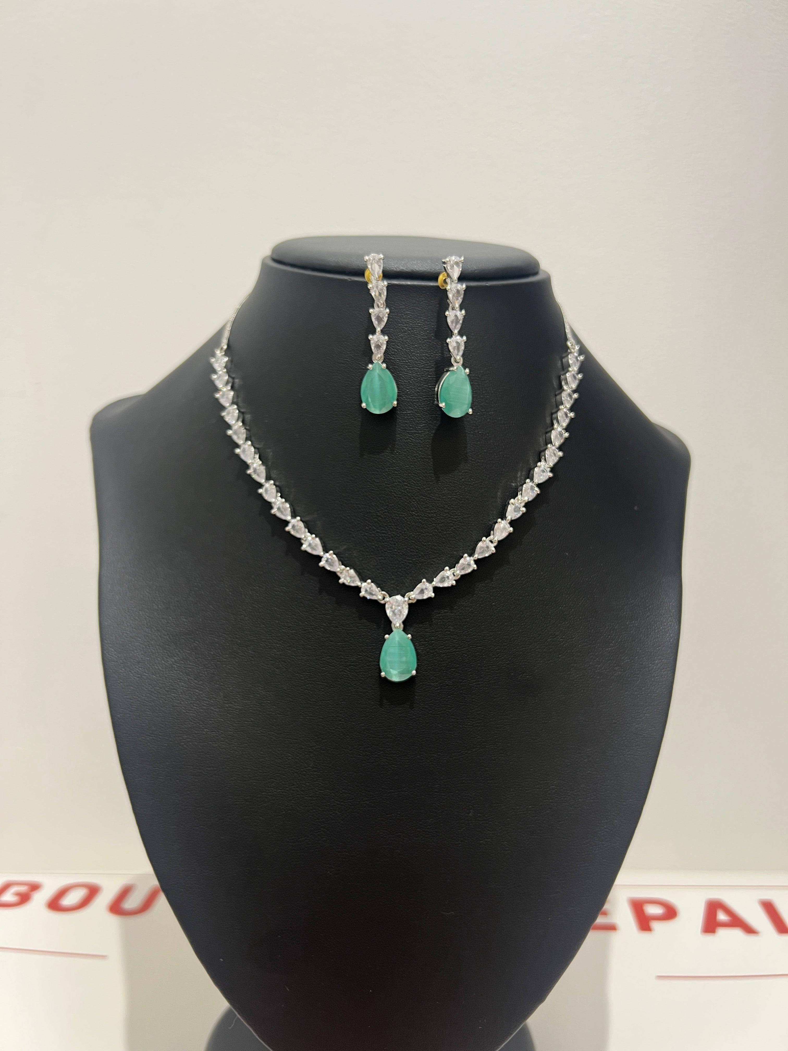 Simple Light American Diamond Necklace and Jumki Sea Green - Boutique Nepal Australia