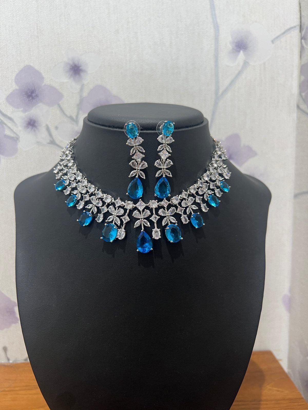 Sky Blue American Diamond Necklace Set - Boutique Nepal
