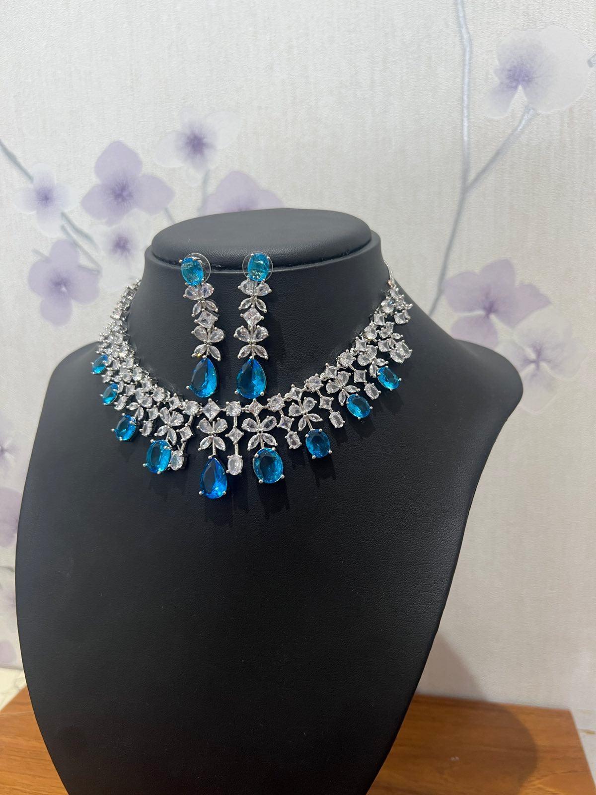 Sky Blue American Diamond Necklace Set - Boutique Nepal