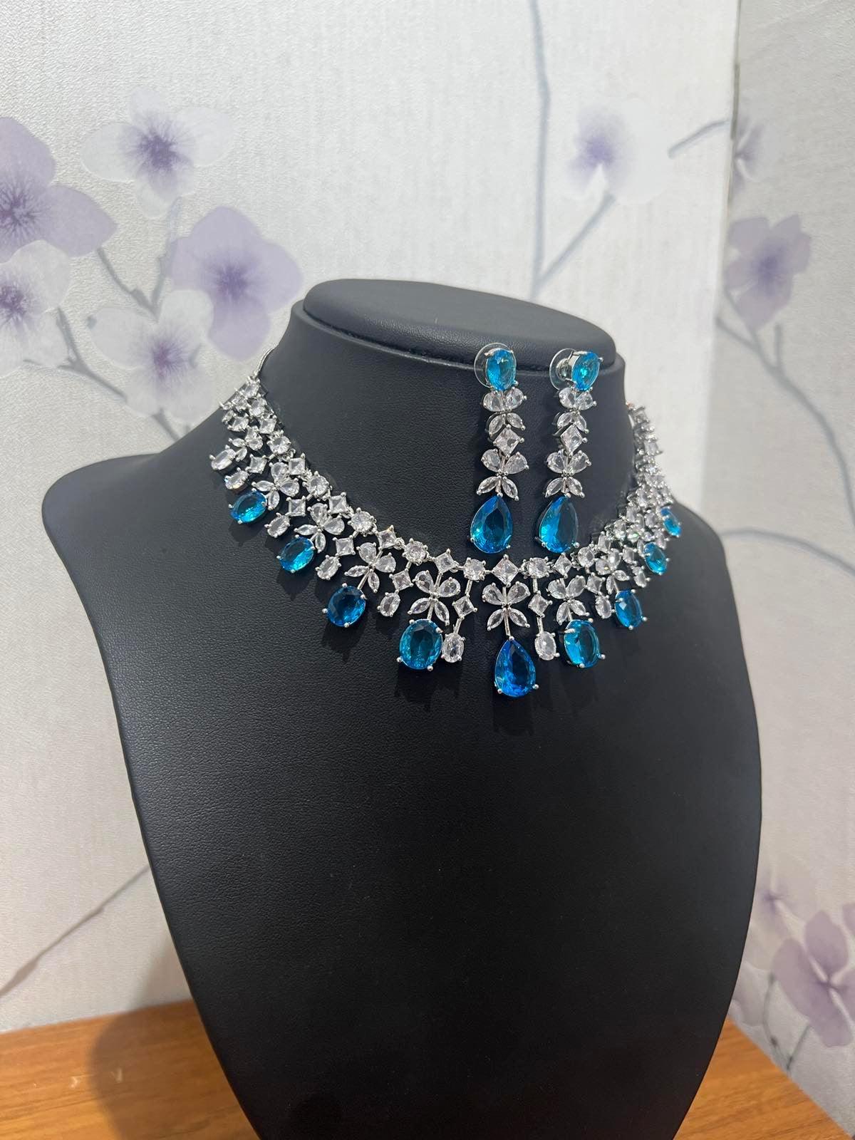 Sky Blue American Diamond Necklace Set - Boutique Nepal