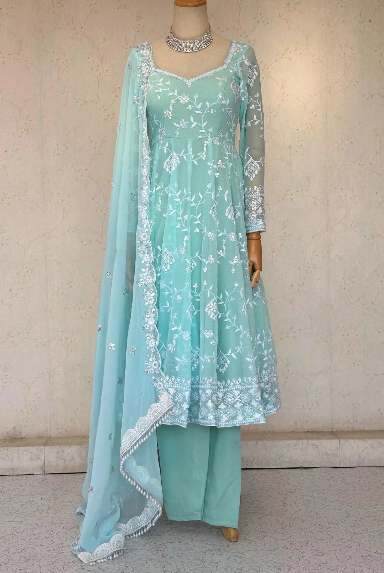 Skyblue Anarkali With Sequence Thread Work - Boutique Nepal