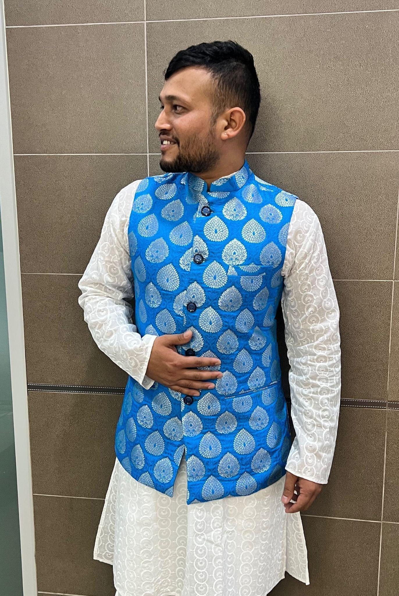 Skyblue Nehru Jacket - Boutique Nepal