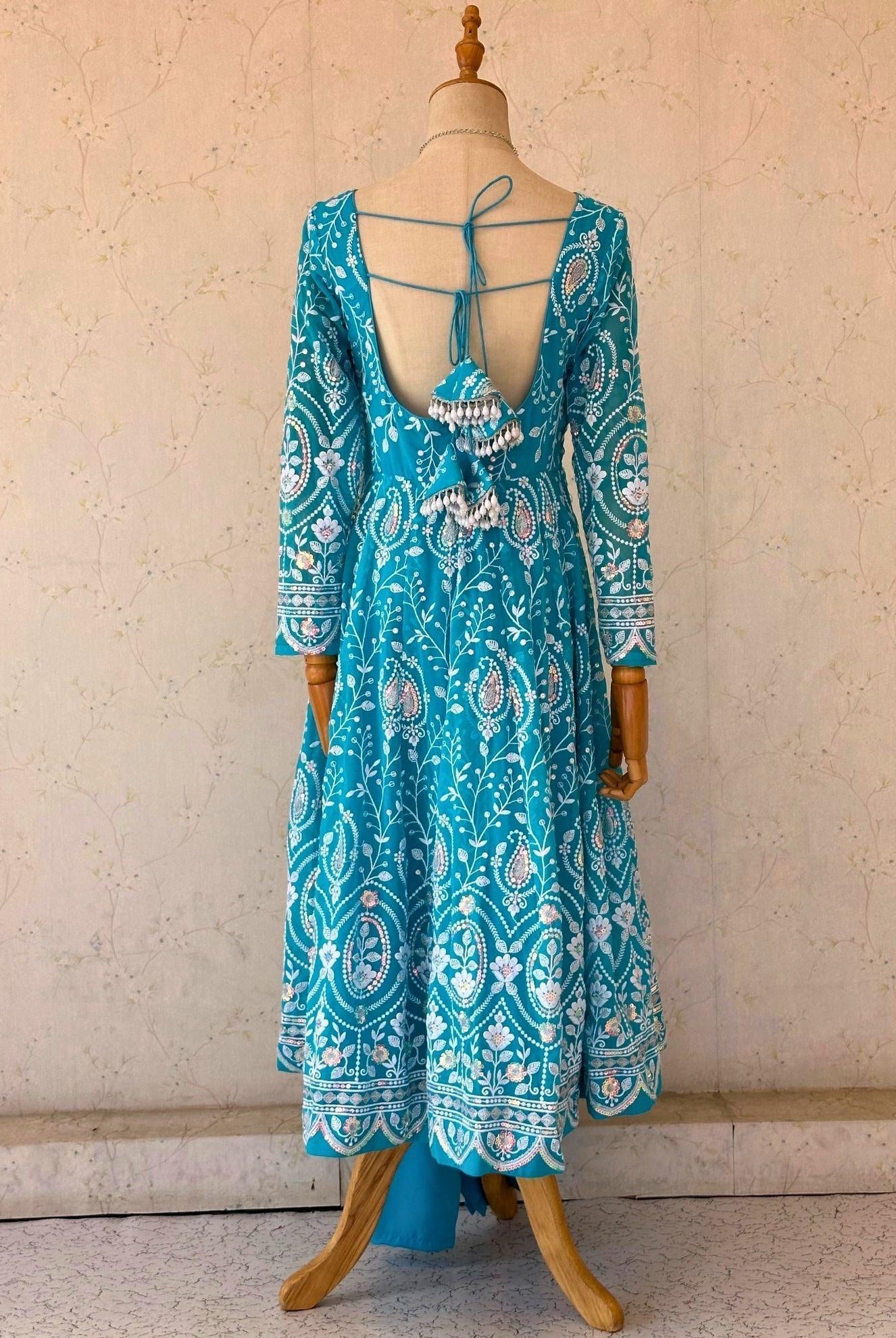 Skyblue Thread Embroidered Anarkali Kurta Set - Boutique Nepal