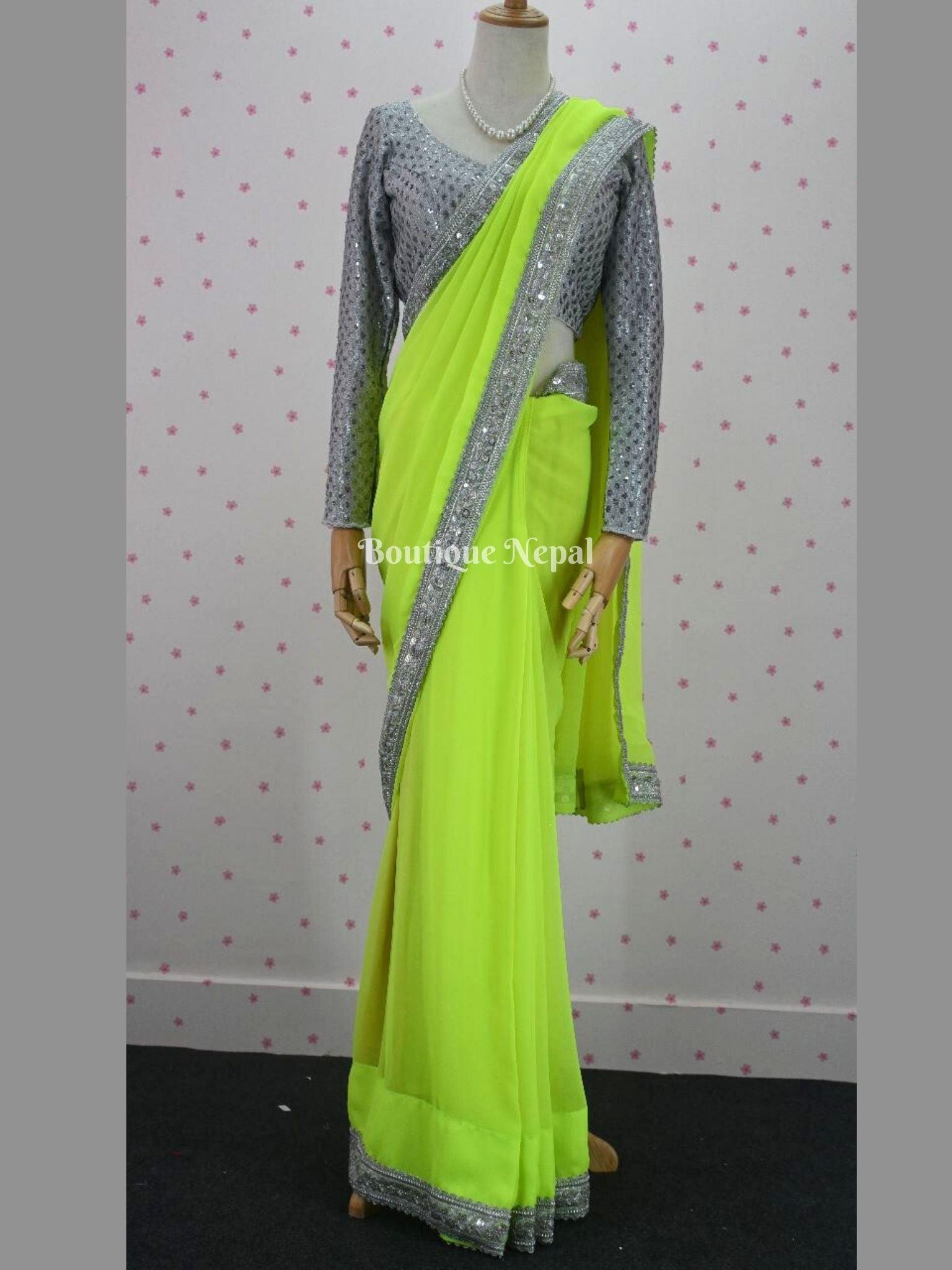 Soft Georgette Saree In Parrotgreen - Boutique Nepal Australia