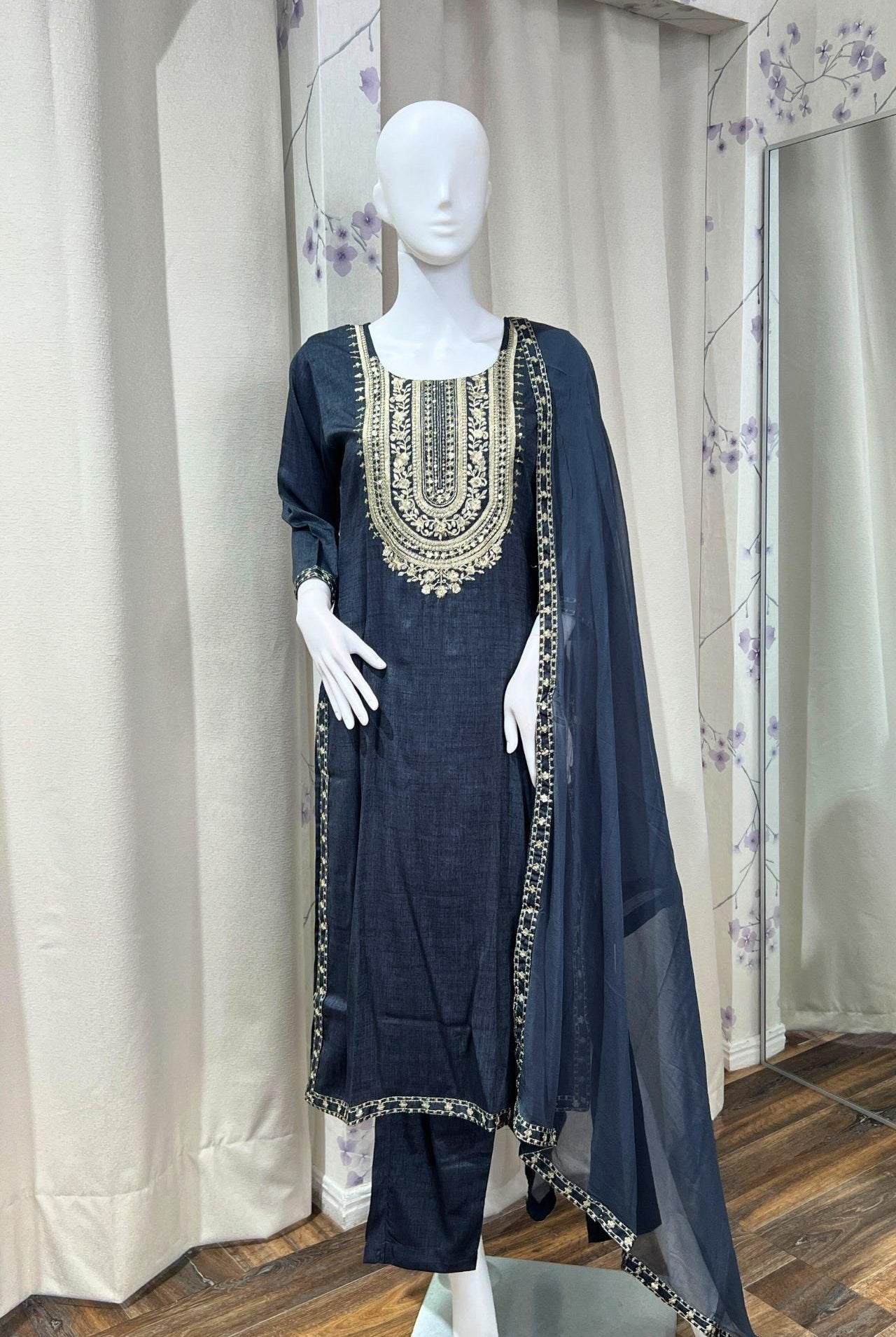 Three Pieces Kurta Set In Charcoal Black - Boutique Nepal