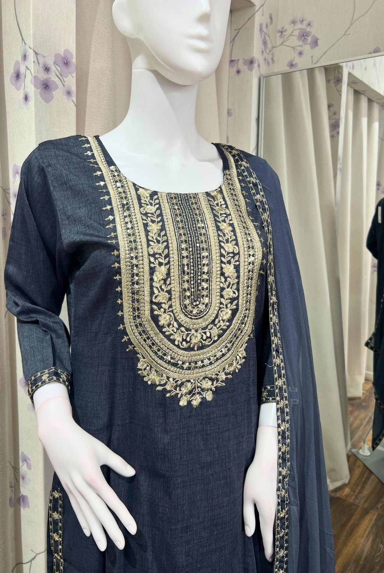 Three Pieces Kurta Set In Charcoal Black - Boutique Nepal