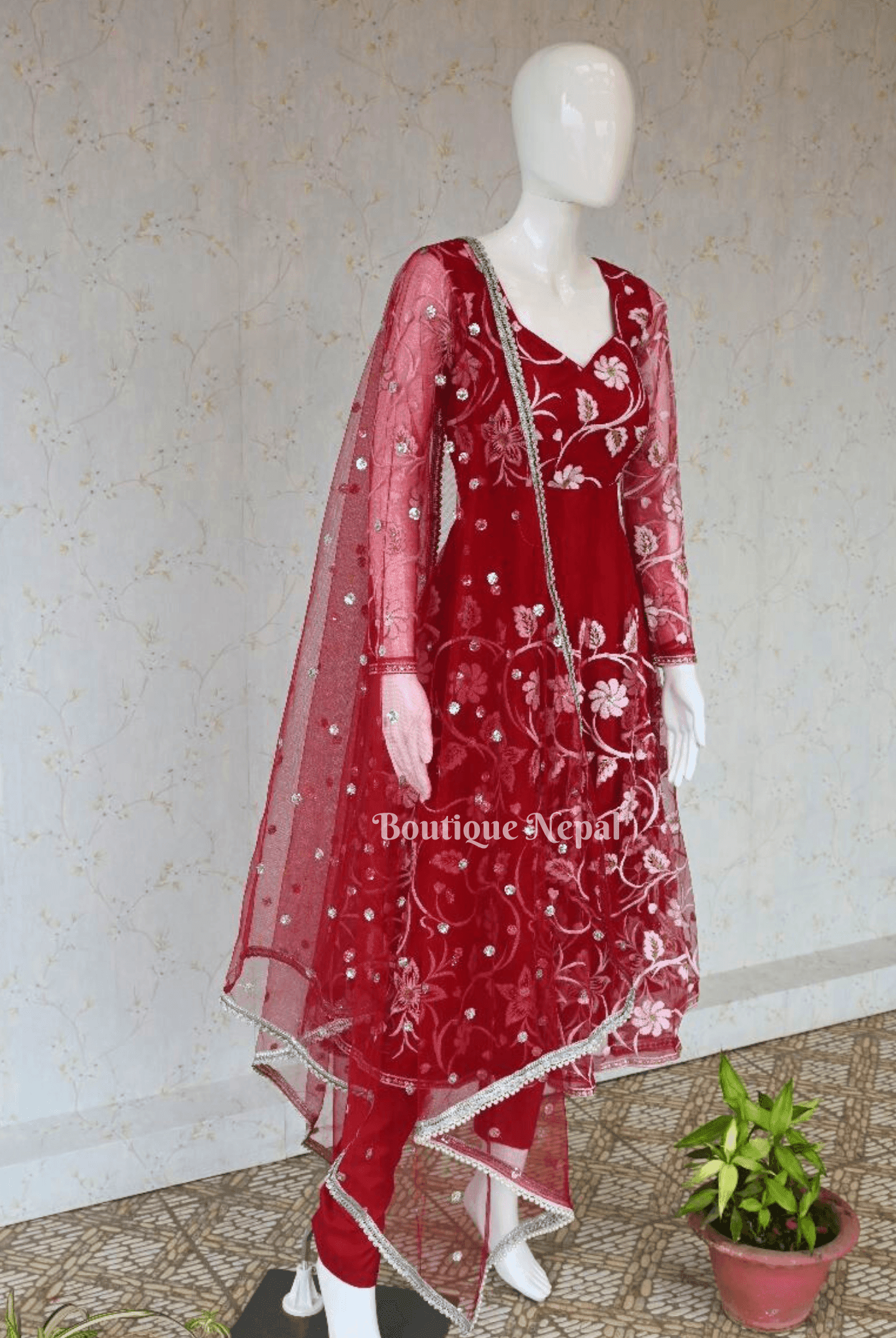 White Embroidery Dark Red Anarkali Kurta Set - Boutique Nepal