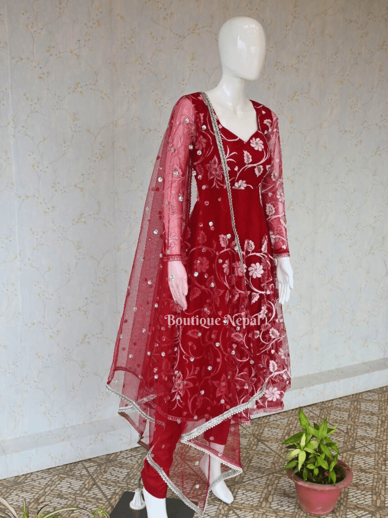 White Embroidery Dark Red Anarkali Kurta Set - Boutique Nepal