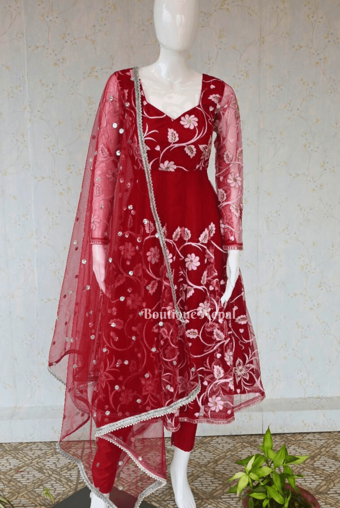 White Embroidery Dark Red Anarkali Kurta Set - Boutique Nepal