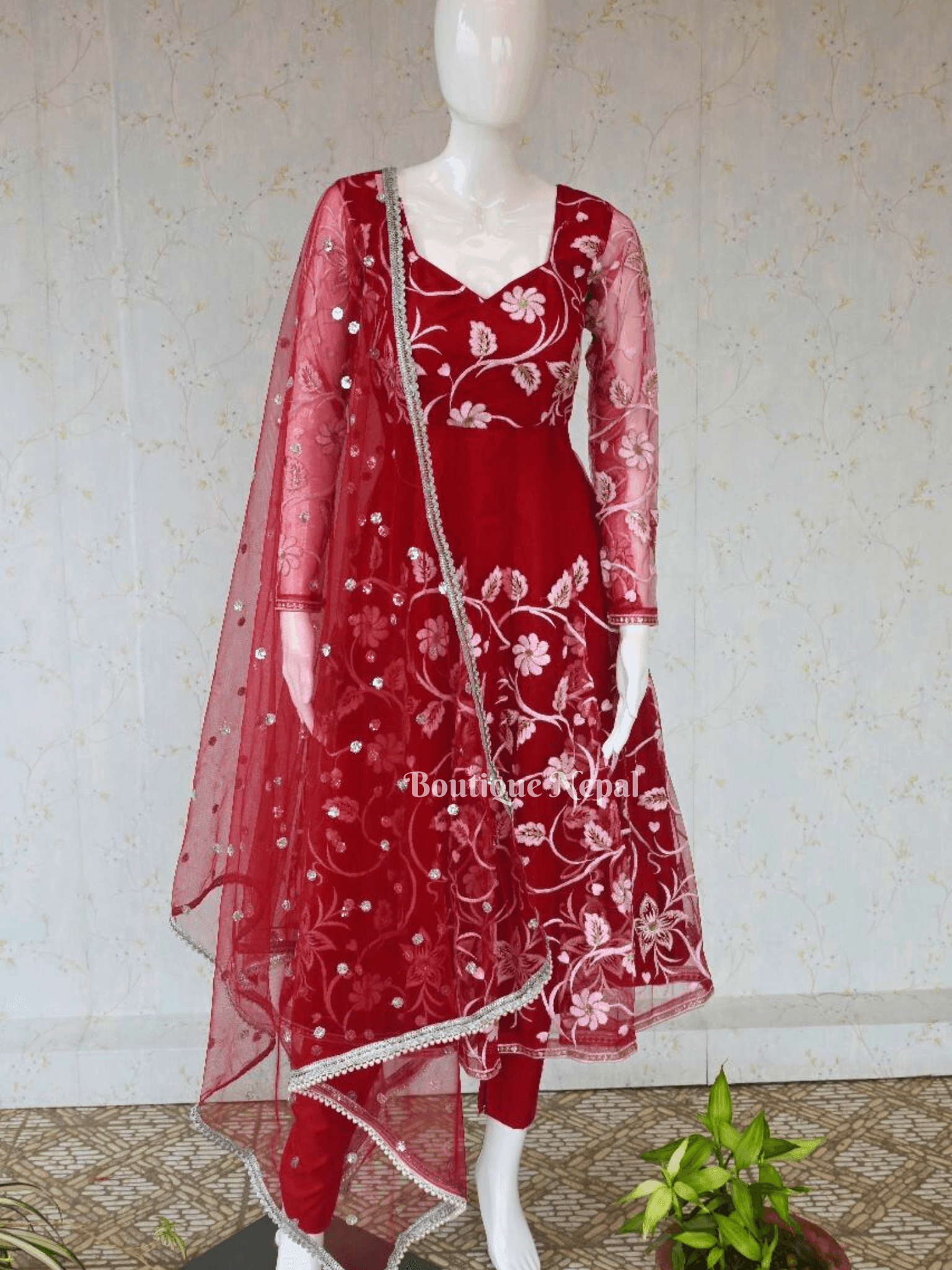 White Embroidery Dark Red Anarkali Kurta Set - Boutique Nepal