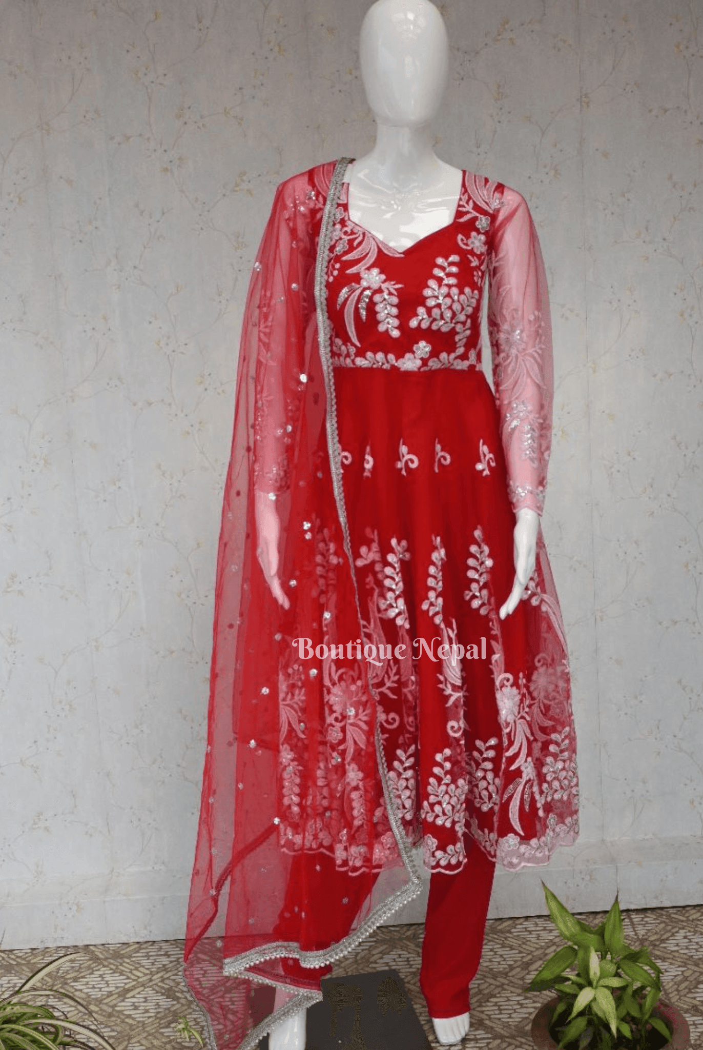 White Embroidery Red Anarkali Kurta Set - Boutique Nepal