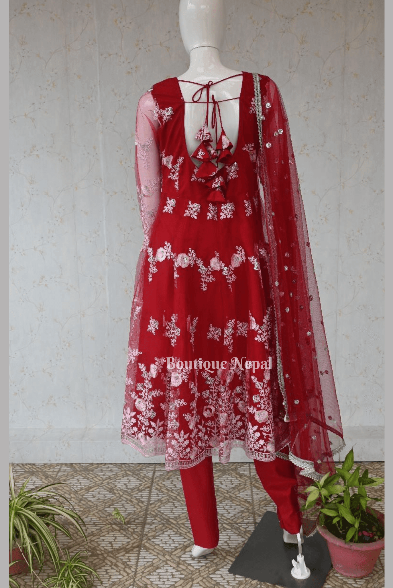 White Embroidery Red Anarkali Kurta Set - Boutique Nepal