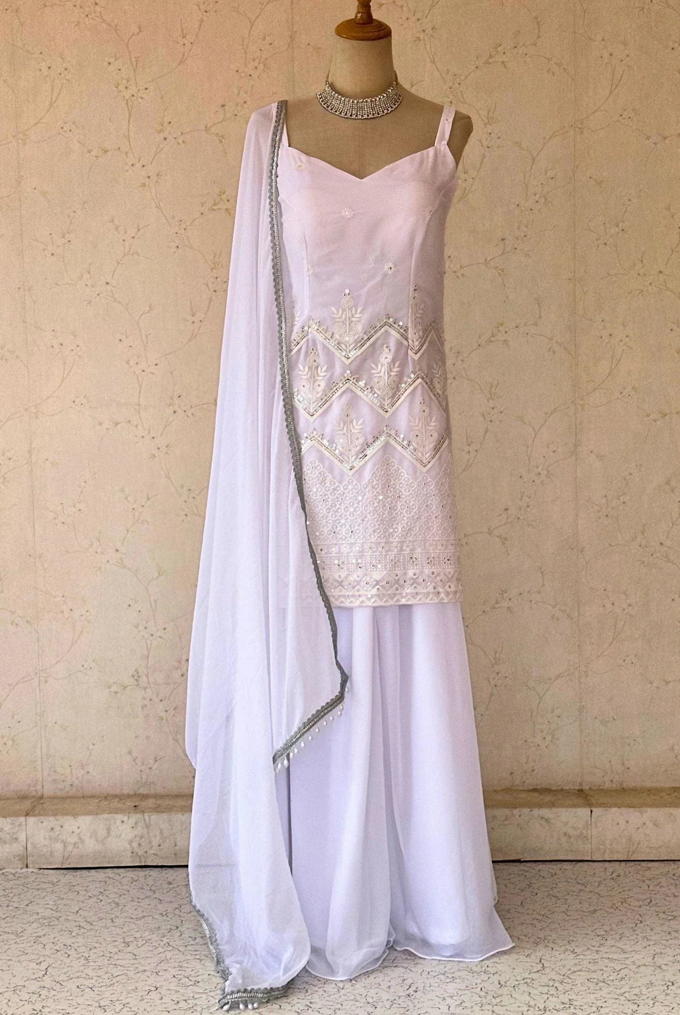 White Sleeveless Kurti Plazo Set - Boutique Nepal