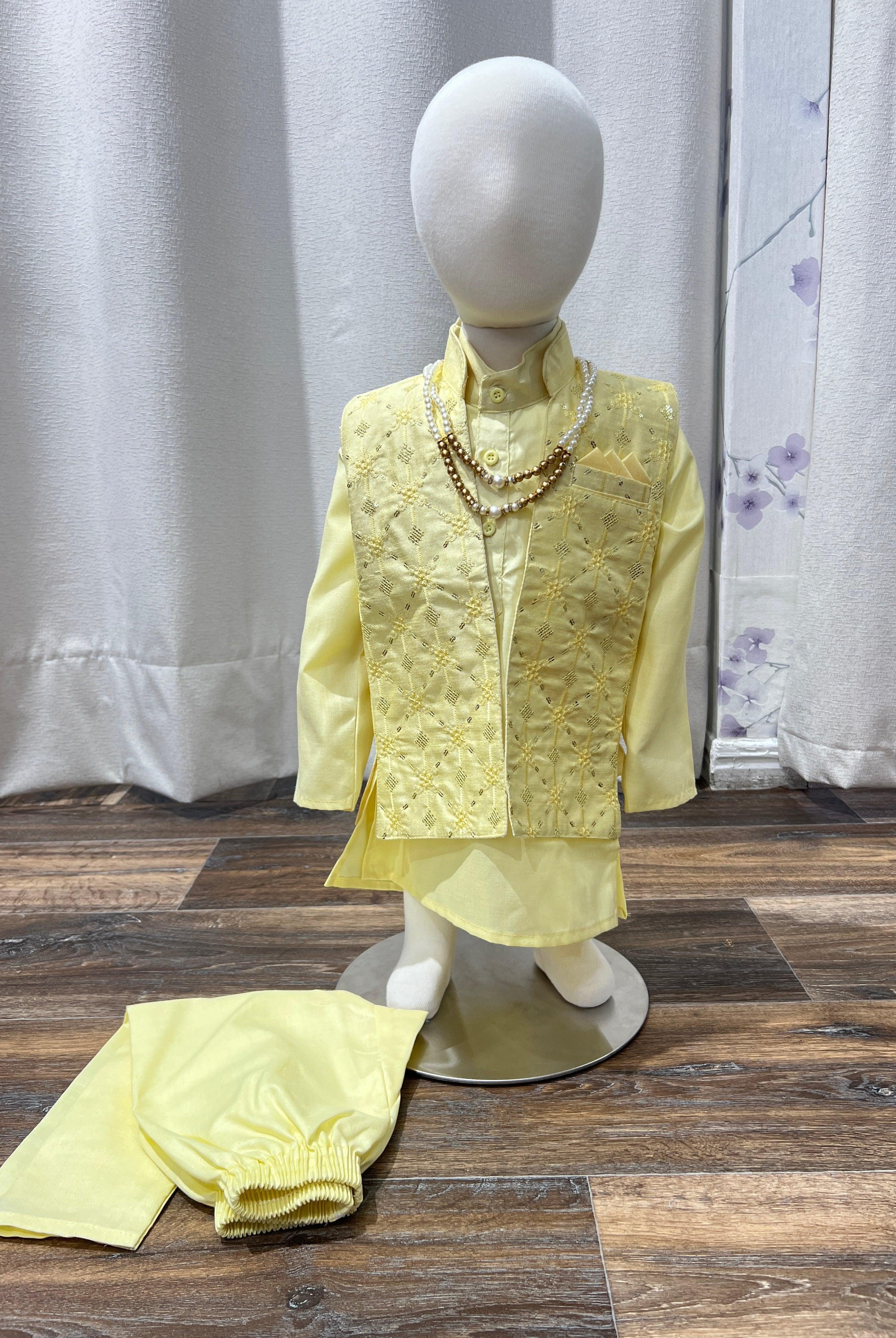 Yellow Kurta Pajama With Printed Jacket - Boutique Nepal