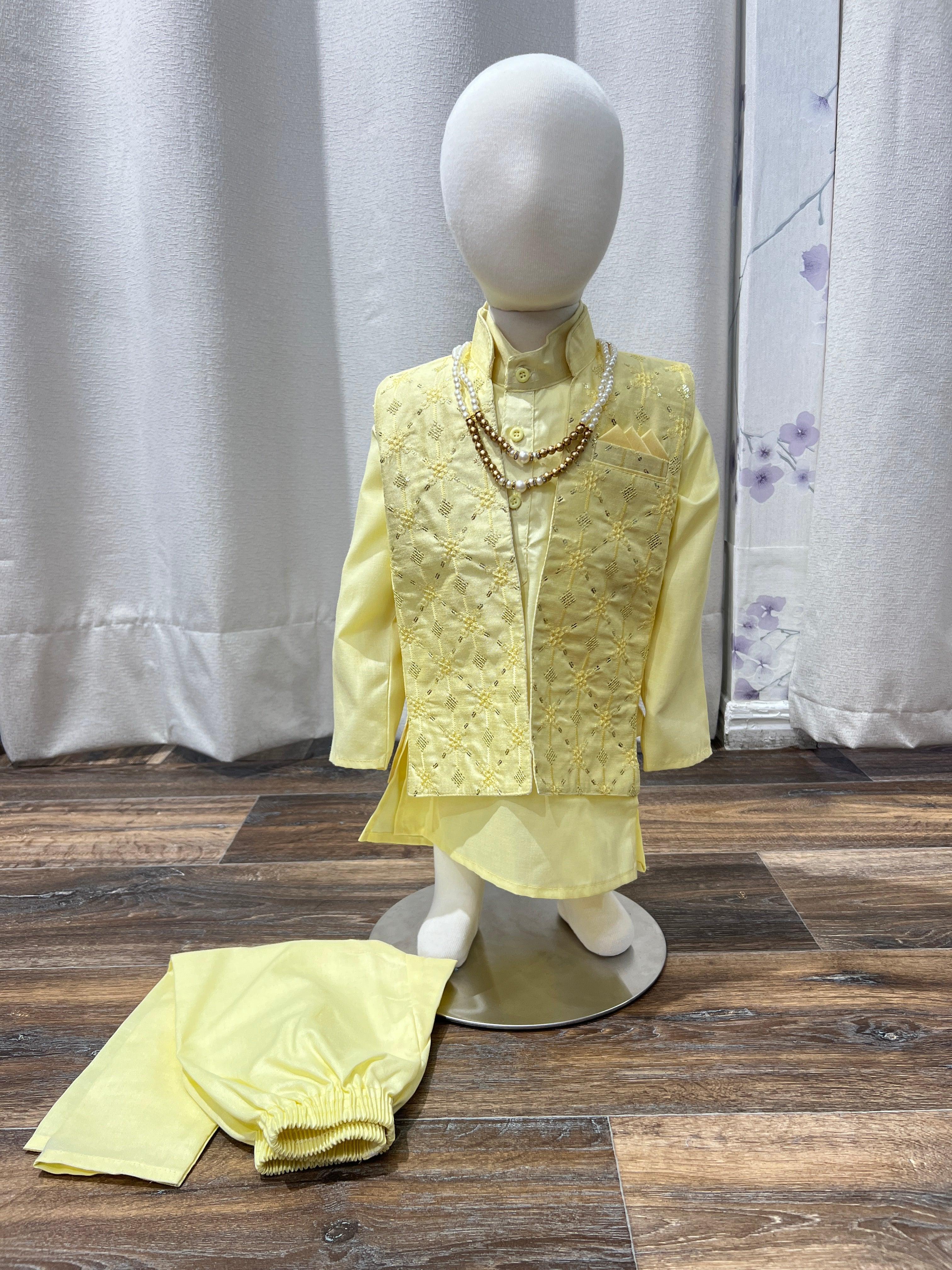 Yellow Kurta Pajama With Printed Jacket - Boutique Nepal