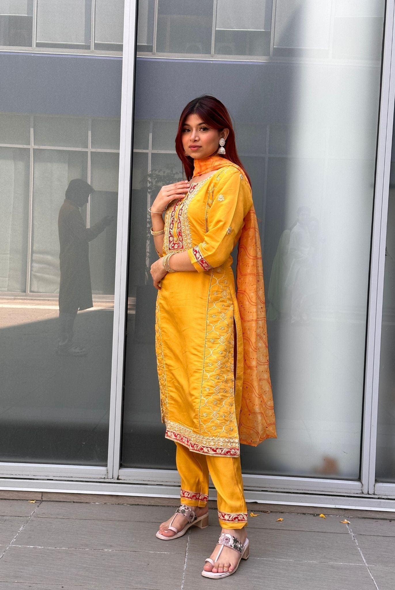 Yellow Three Pieces Kurta Set - Boutique Nepal