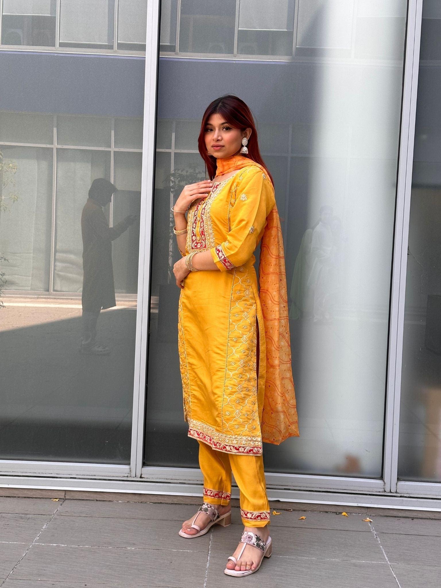Yellow Three Pieces Kurta Set - Boutique Nepal