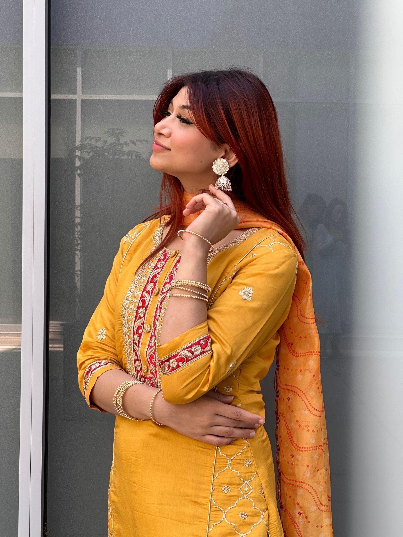 Yellow Three Pieces Kurta Set - Boutique Nepal