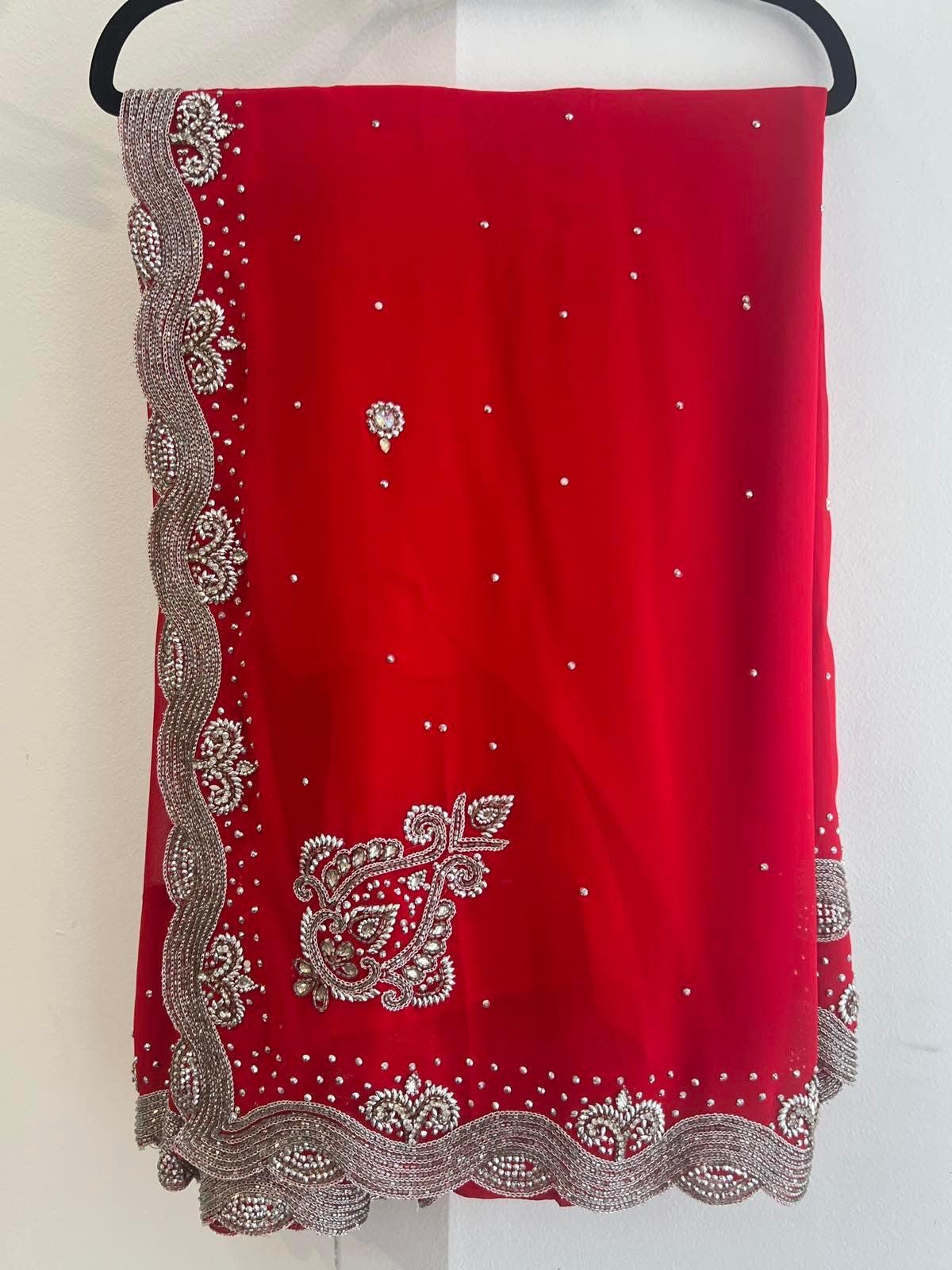 Georgette Saree Set In Red with Sworoski Crystal - Boutique Nepal