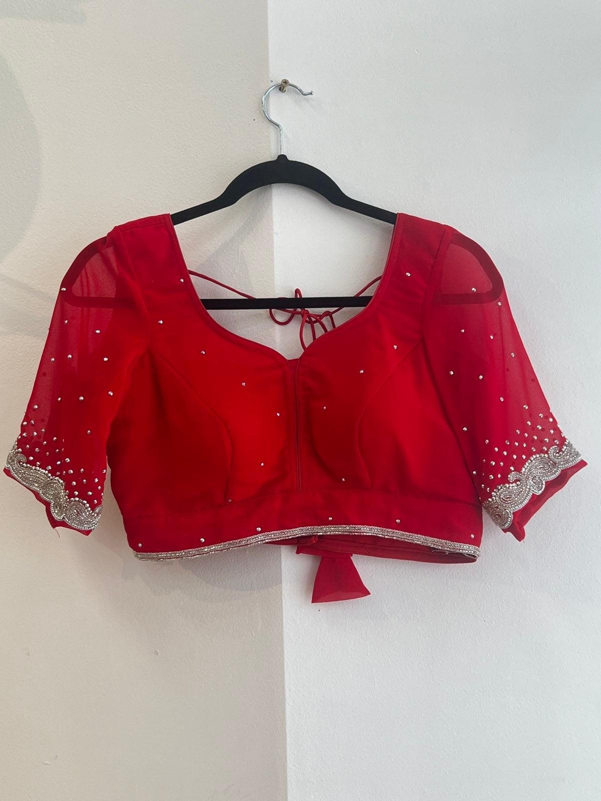 Georgette Saree Set In Red with Sworoski Crystal - Boutique Nepal