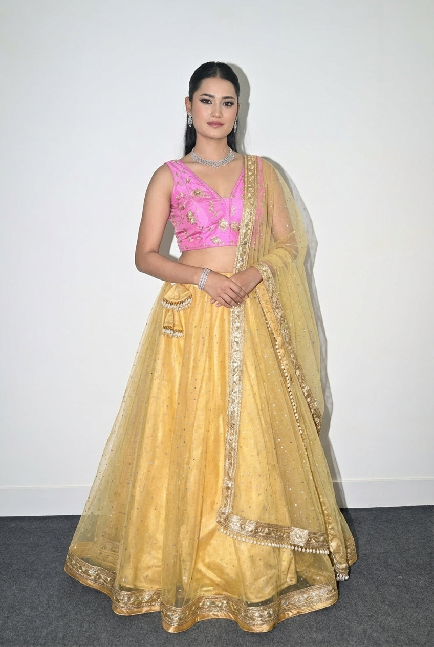 Net Lehenga With  Gold and Pink Blouse