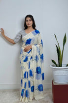 Laxmi Pooja Sowbhagya Pack - White Chiffon Blue Floral